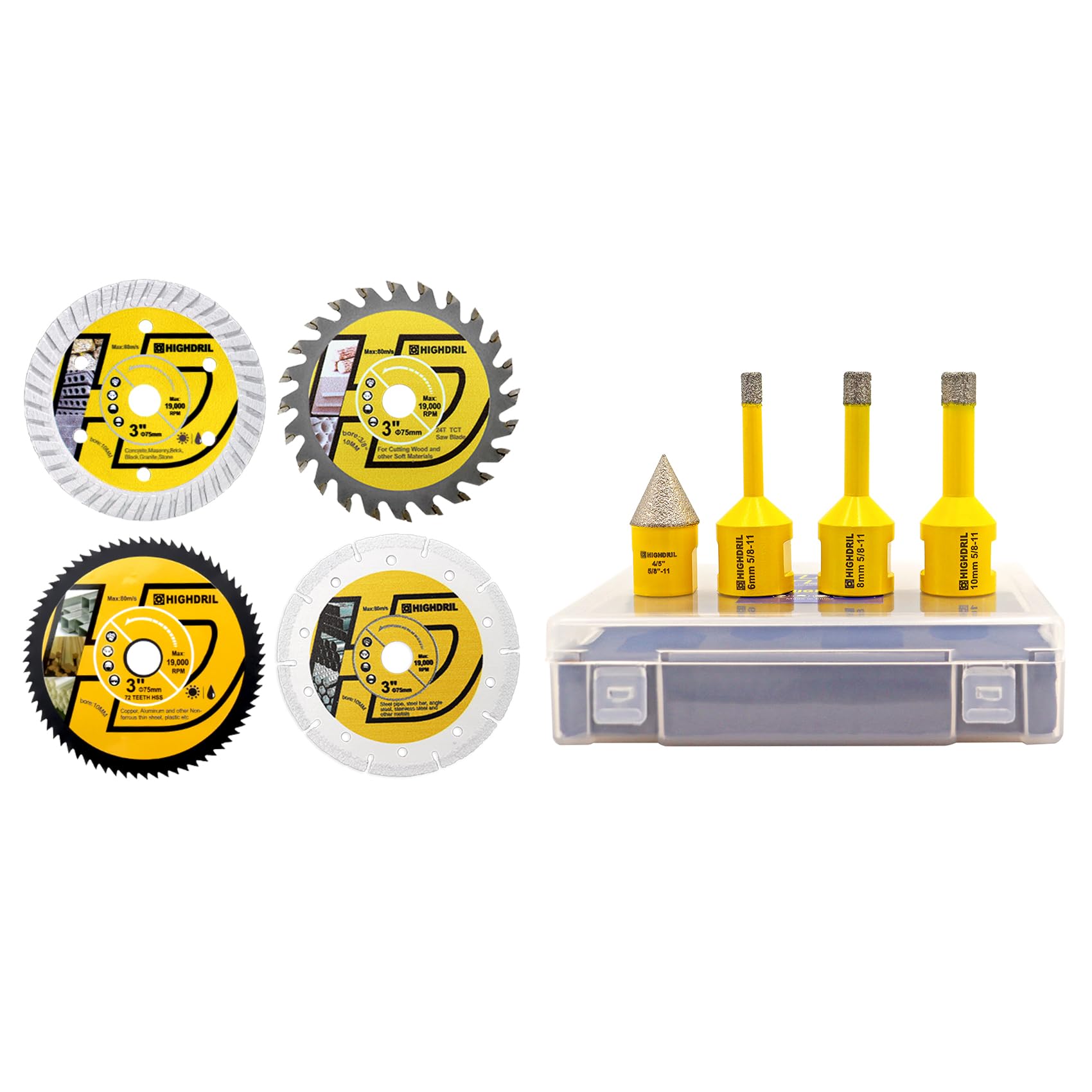 HIGHDRIL 3" 75mm Circular Saw Blade Set 4pcs - Diamond/HSS/TCT Cutting Disc for Angle Grinder Cutting Soft Metal Copper Aluminum Granite Tile Plastic Wood
