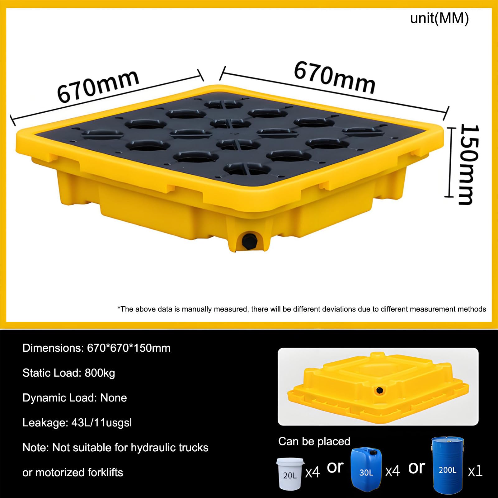 Plateforme de rétention étanche pour fûts d'hydrocarbures, avec système de Drainage, pour Le Stockage Industriel, idéale pour Les garages et Les ateliers, 130 x 68 x 30 cm