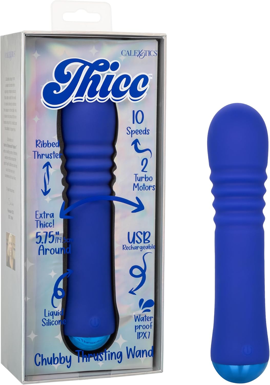 CalExotics Thicc Chubby Thrusting Tickler Waterproof Silicone Rechargeable Rabbit Vibrator Blue - SE-0650-40-3