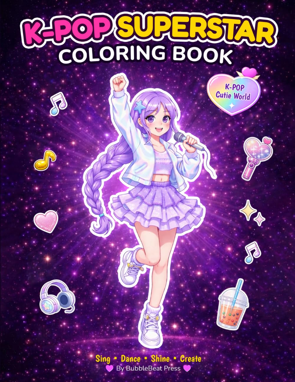 K-Pop Superstar Coloring Book: Cute Anime K-Pop Idol World | 40 Themed Pages with Fill-In Story Scenes, Stage Fashion & Kawaii Idol Characters for Kids, Teens & Adults