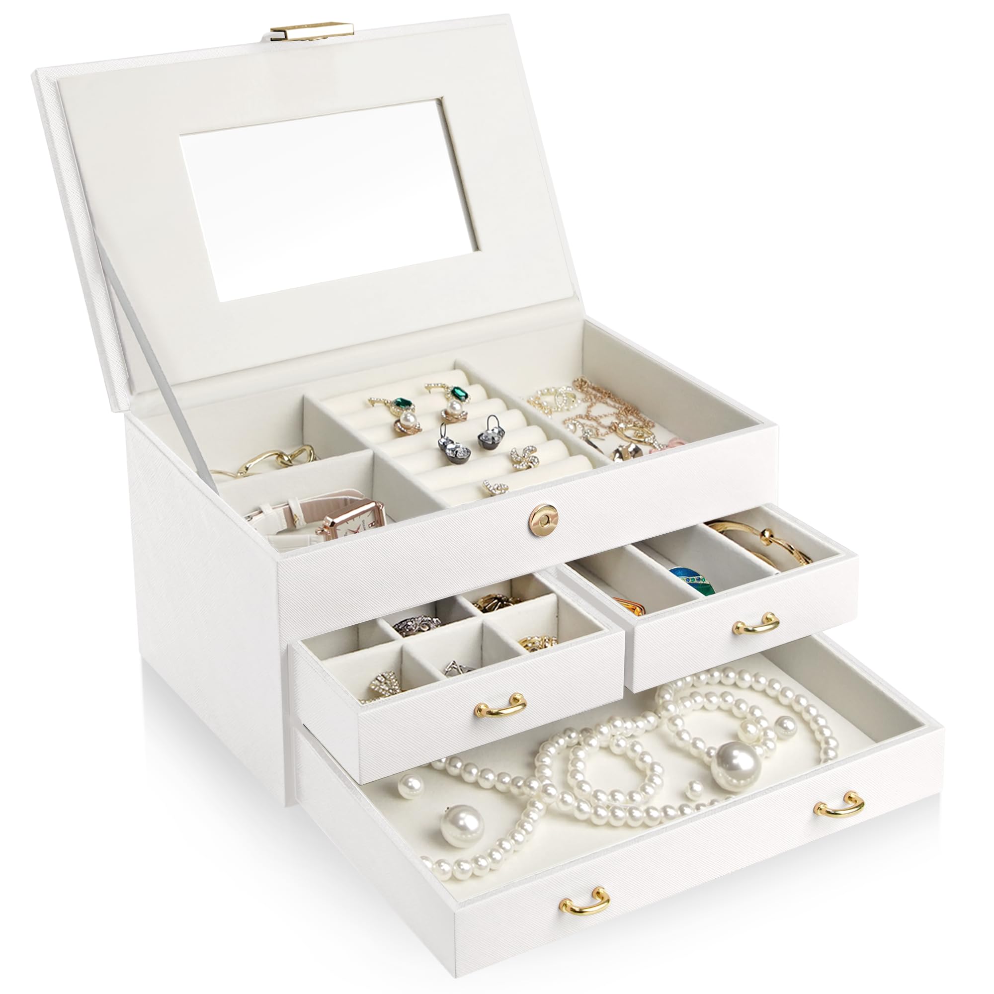ADEL DREAM Portagioie a 3 Livelli con Fibbia in Oro Rosa Custodia per Gioielli in Pelle PU Regalo in Morbido Velluto per I tuoi Cari e Amici Bianco