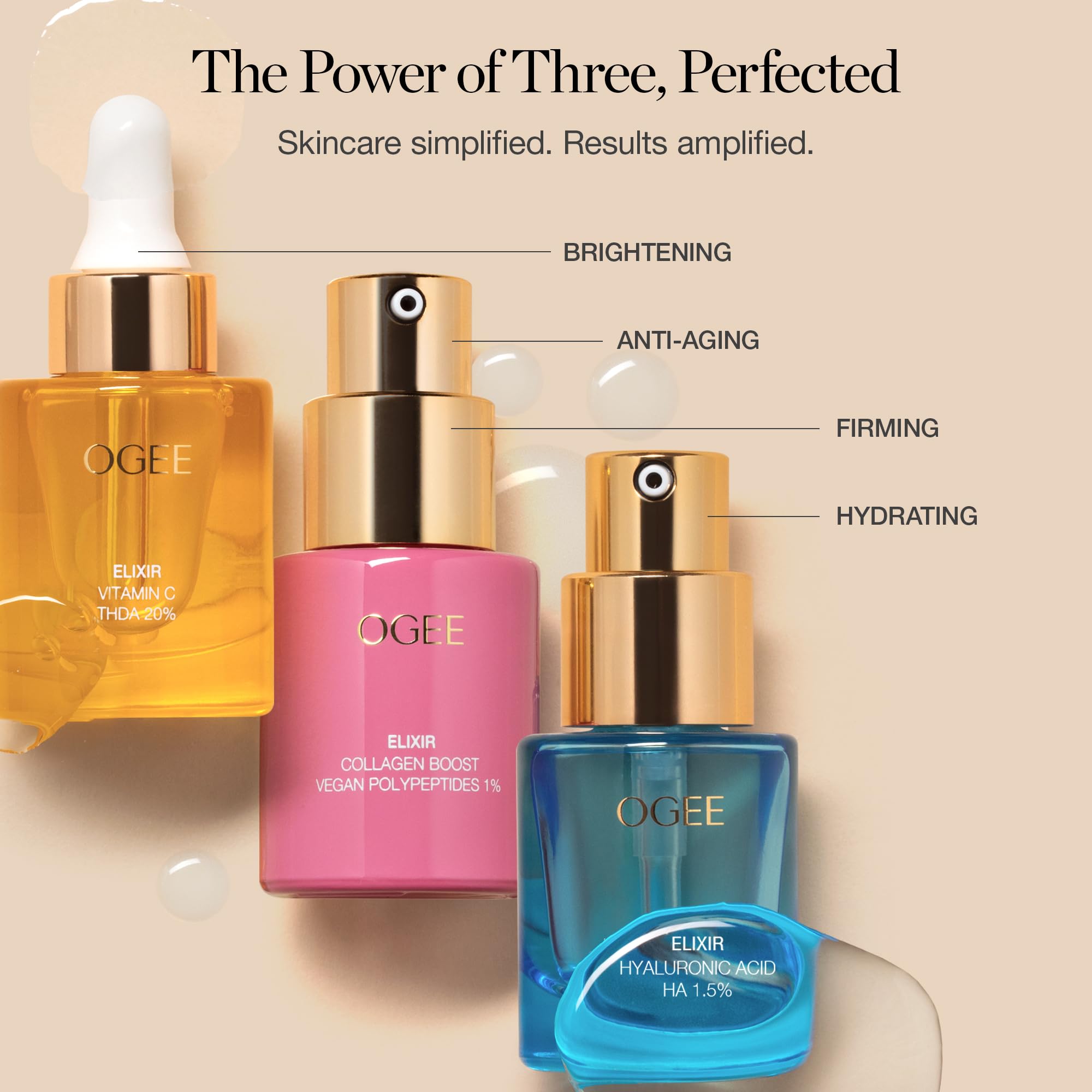 Ogee - Elixir Trio - Retinol Alternative Collagen 1% Elixir, Vitamin C THDA 20% Elixir & Hyaluronic Acid HA 1.5% Elixir with Organic Cotton Beauty Bag