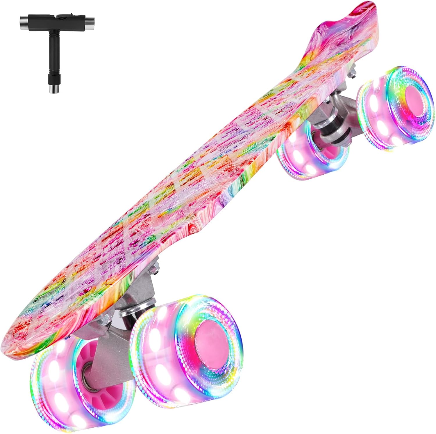 BELEEV 22 inch Skateboards for Kids, Cruiser Skateboard for Beginners Girls Boys Teens Adults, Mini Skateboards Classic Complete Skate Board with Skate T-Tool, Max Load 220 LBS Rainbow
