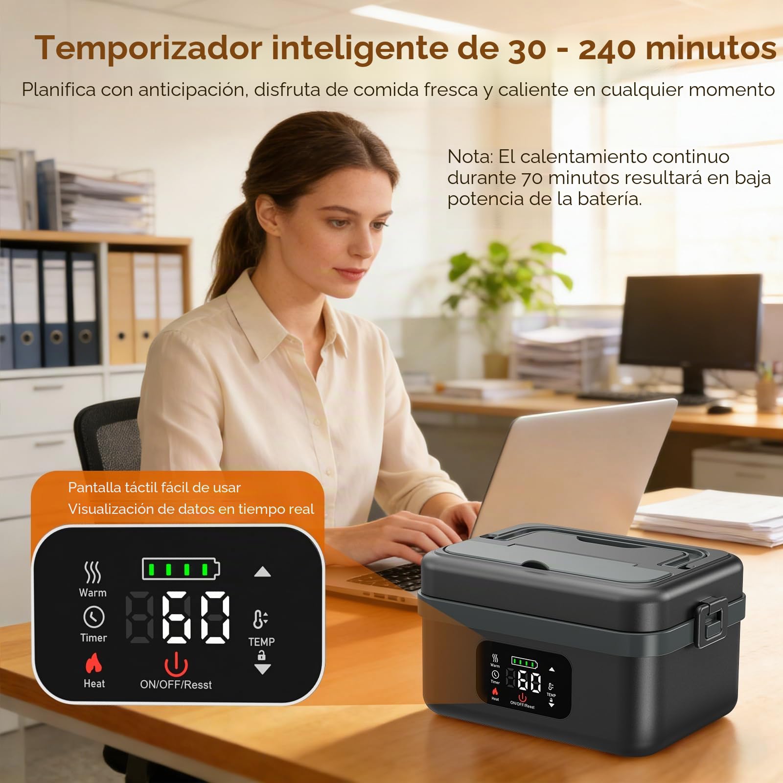 Fiambrera Electrica,Calentador de Comida Portatil 1L para Comida con Pantalla Táctil,Taper Termico Comida Caliente con Vajilla de Acero Inoxidable y Bolsa Aislante para Coche(Negro y gris)
