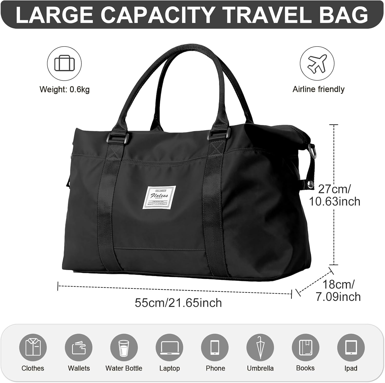 Weekender Duffel Bags for Women Men, Travel Totes Bag for Airplane, Cute Sports Gym Dance Overnight Luggage Bag with Wet Pocket, Carry On Hospital Bag for Labor and Delivery (Large Black)