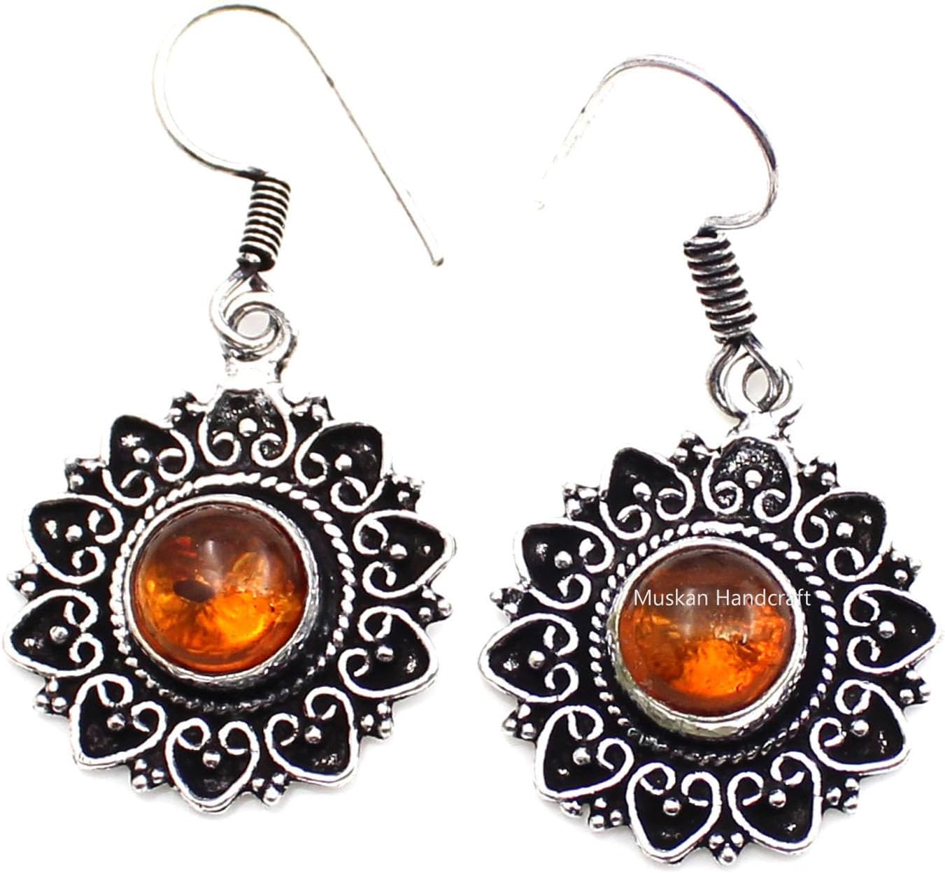 925 Sterling Silver Oxidized Mandala Dangle Earrings for Women Round Cabochon Gemstone Boho Statement Jewelry Gift