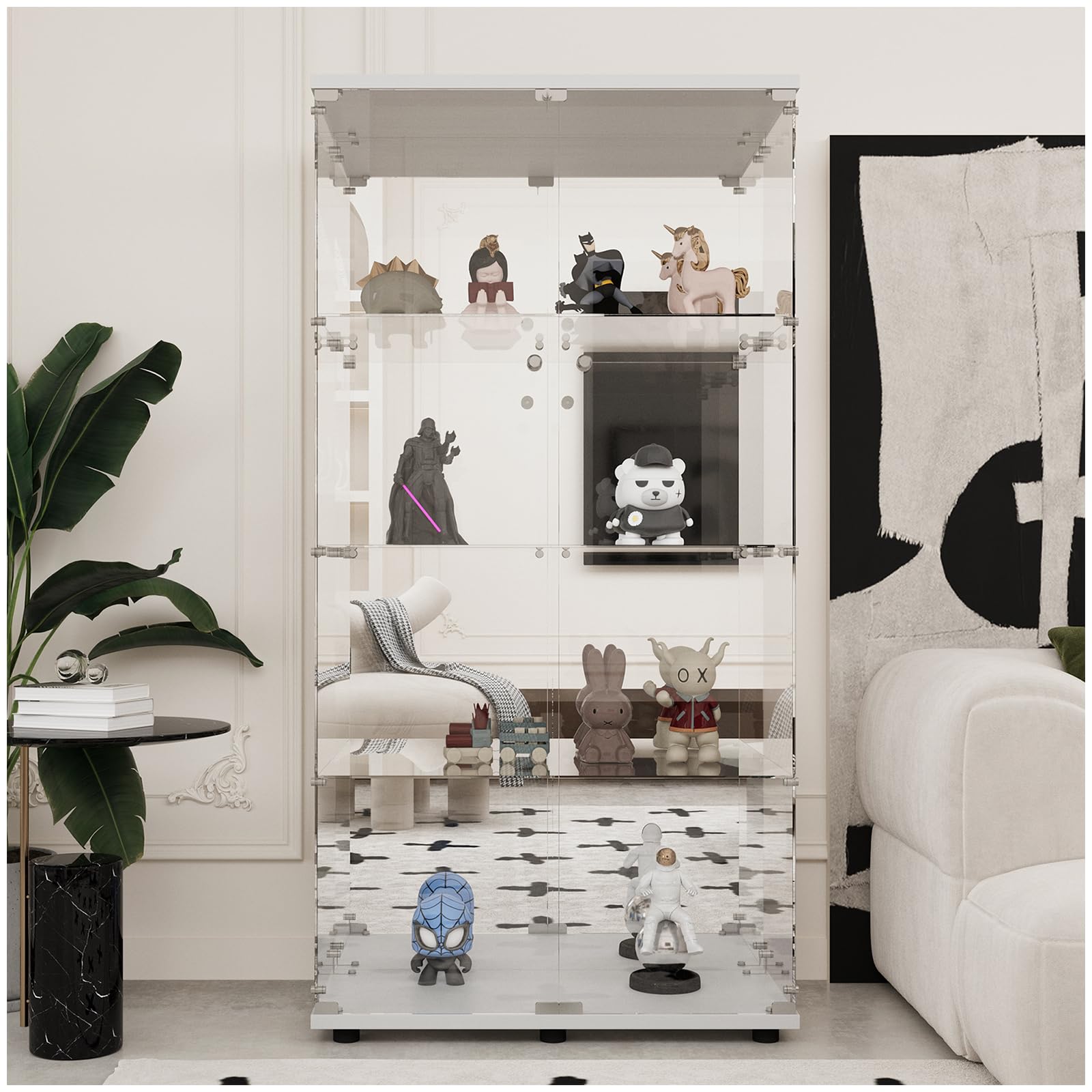 LFT HUIMEI2Y Glass Display Cabinet 4-Shelf with Double Door, Lock, and Mirror, Curio Cabinets Upgraded Quick-Install Style Tempered Glass Showcase for Bedroom, Living Room, White