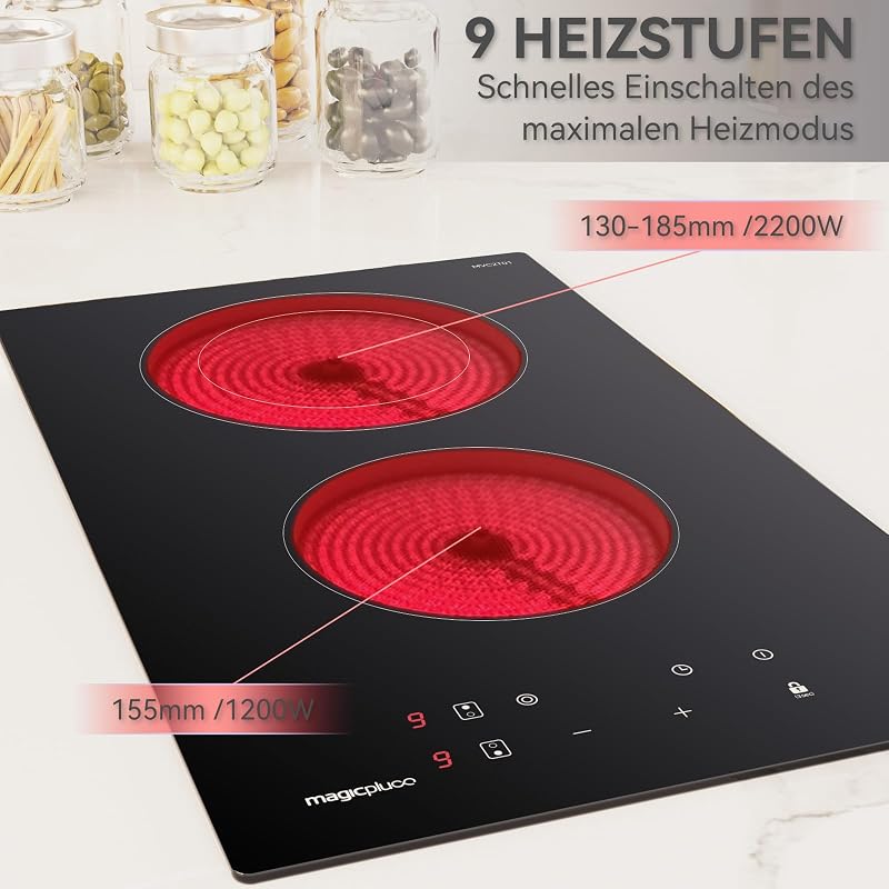 magicplux Üvegkerámia Főzőlap 2 Zónával, 29,5 cm, 9 Hőfokozat, Érintőgombos Vezérlés, Gyerekzár, Időzítő, 3400W, Minden Edénytípushoz Alkalm