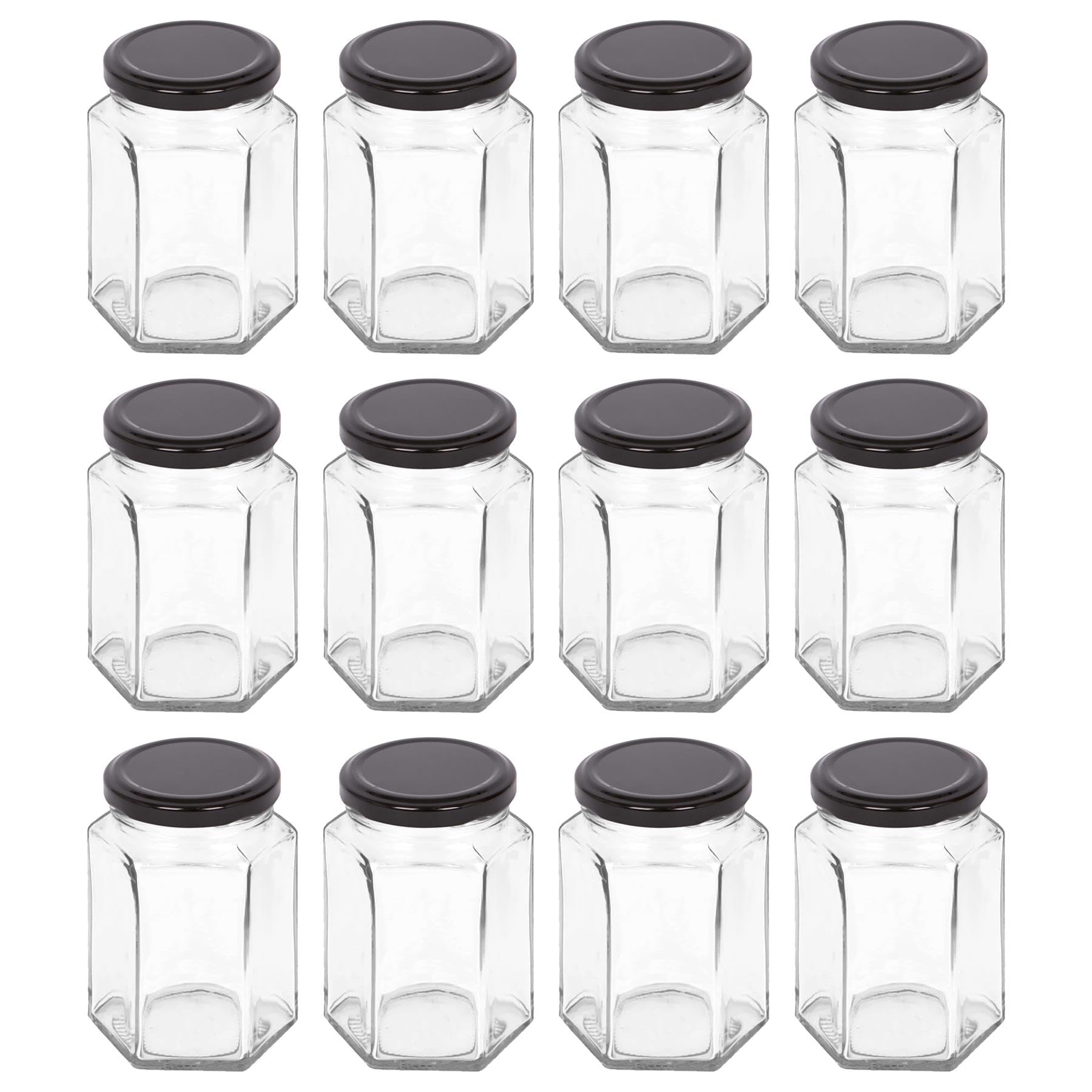 Argon Tableware 250ml Hexagonal Glass Jam Jars with Black Lids - 12x Empty Screw Top Kitchen Food Honey Spice Chutney Preserving Canning Storage Jar Container Glasses Set