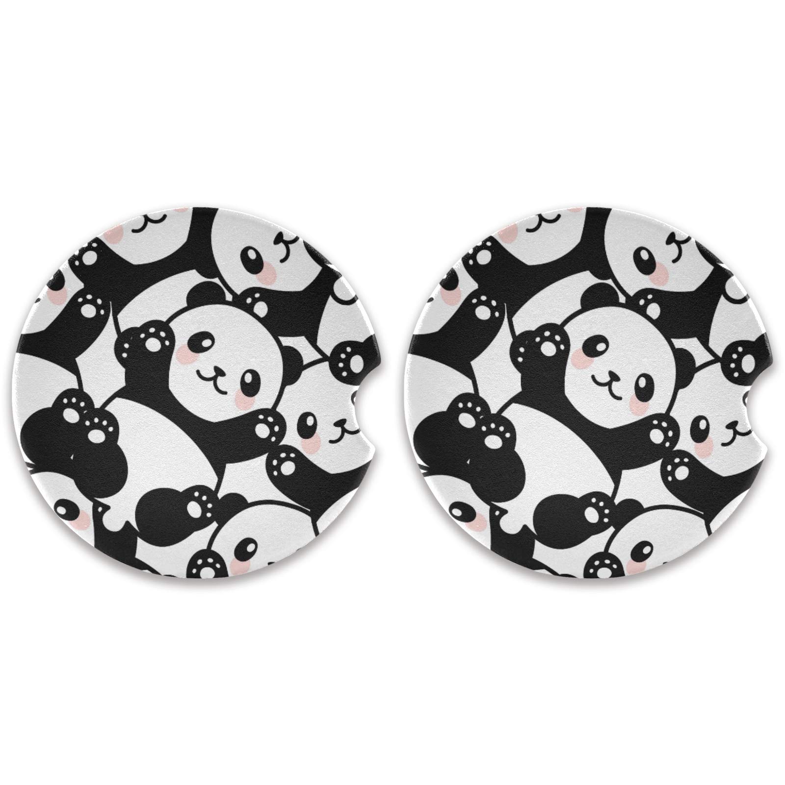 xigua2pcs Panda Car Coaster for Drinks, Absorbent Ceramic Car Cup Holder Coasters with Cork Back and Finger Slot for Men Women Novelty Car Accessories