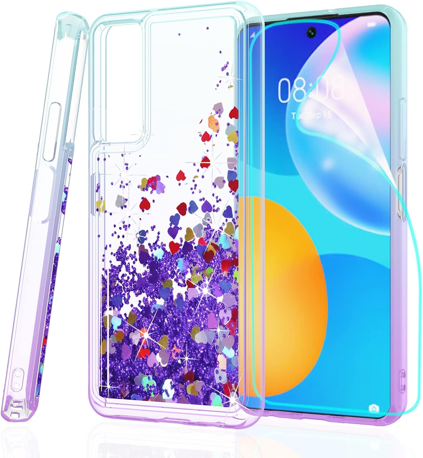 ZingCon Compatible for Huawei P Smart 2021 Case,Y7a Phone Case,[HD Screen Protector] Heavy Duty Shockproof Glitter Waterfall Quicksand Protective Cover-Lake/Purple