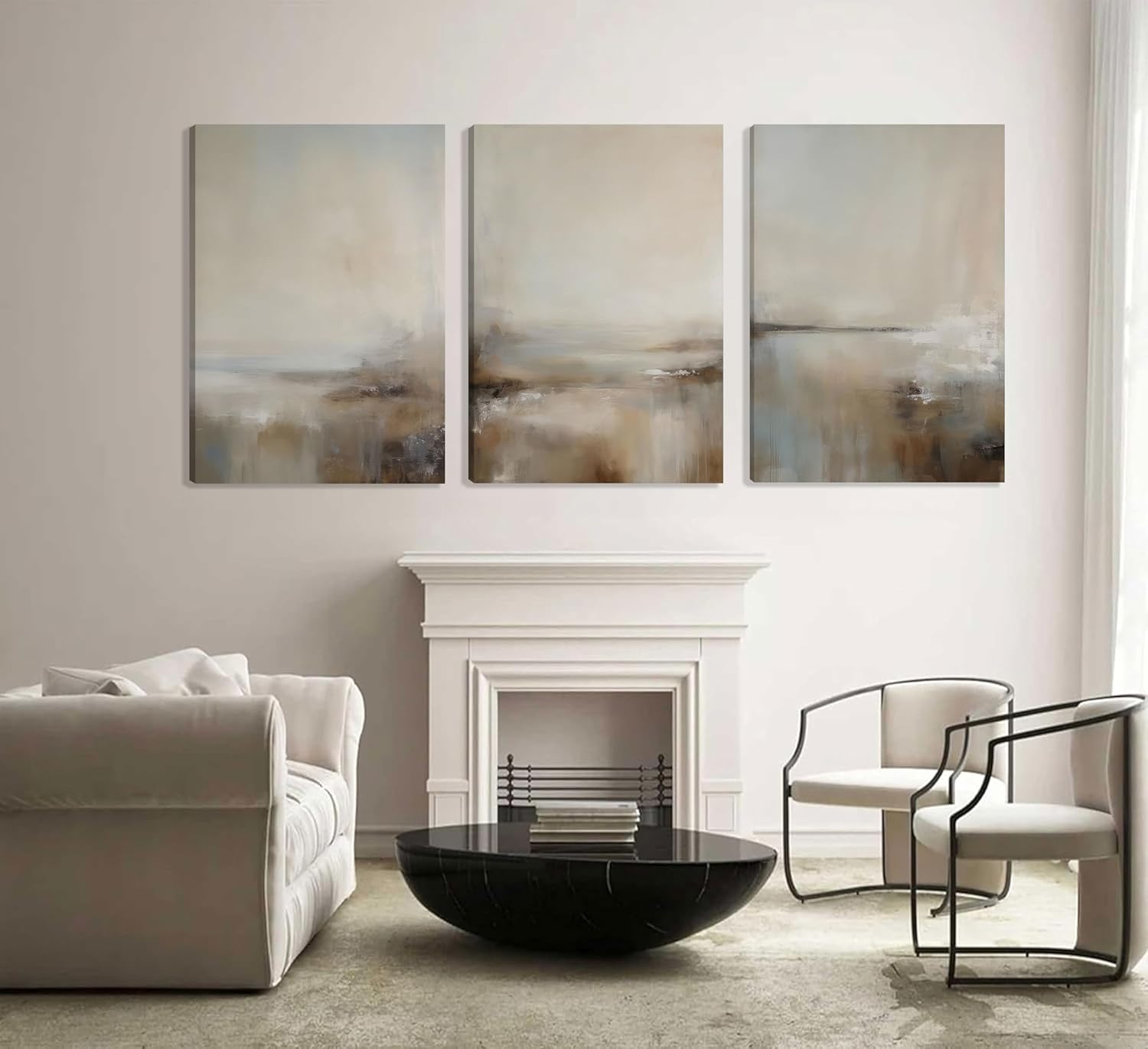 3Pcs Vintage Abstract Landscape Beige and Brown Canvas Wall Art Moody Neutral Tones Prints Boho Posters Modern Painting Pictures Brown Landscape Wall Decor for Living Room Bedroom Home Office Framed