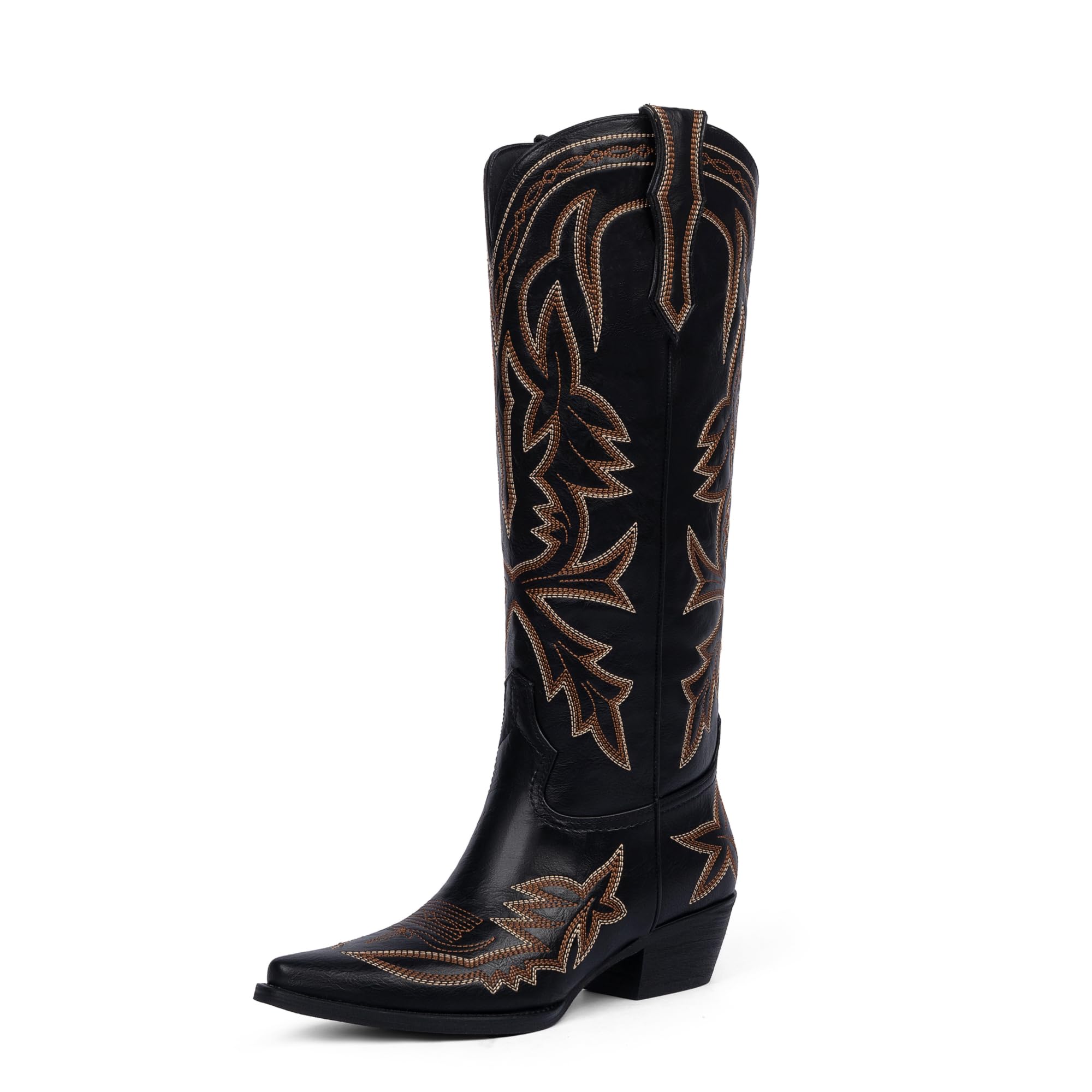 VIUGJNEX Knee High Cowboy Boots Women Wide Calf Cowgirl Tall Boot, Black, 6