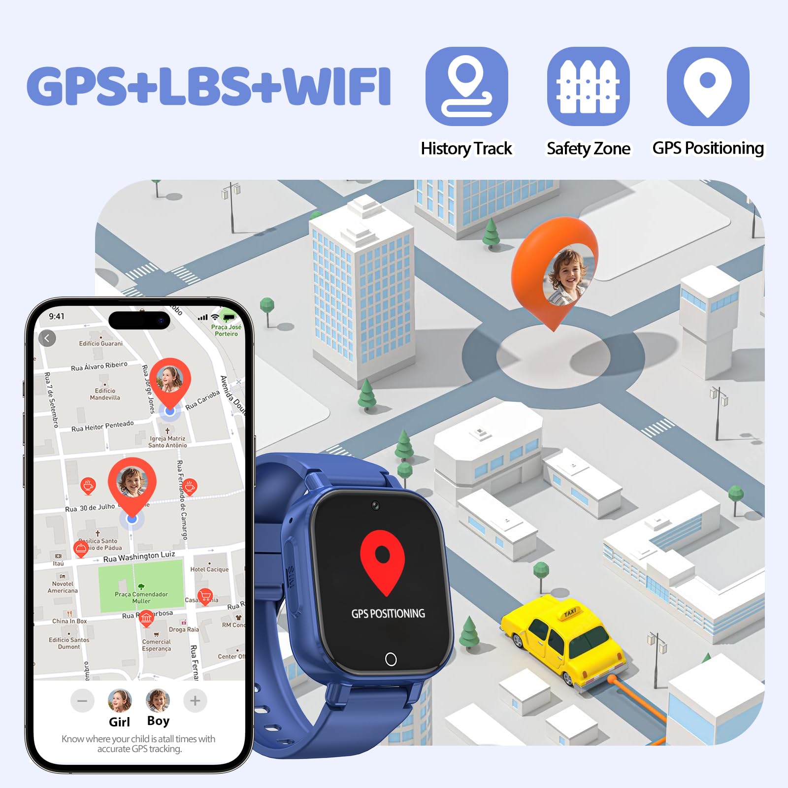 4G Smartwatch Bambini GPS, Orologio Smartwatch per Bambino Bambina Telefono | Videochiamata Chat Vocale Contapassi Camera Modalità Classe Gioco, Smart Watch Ragazza e Ragazzo 4-12 Anni Regalo Blu