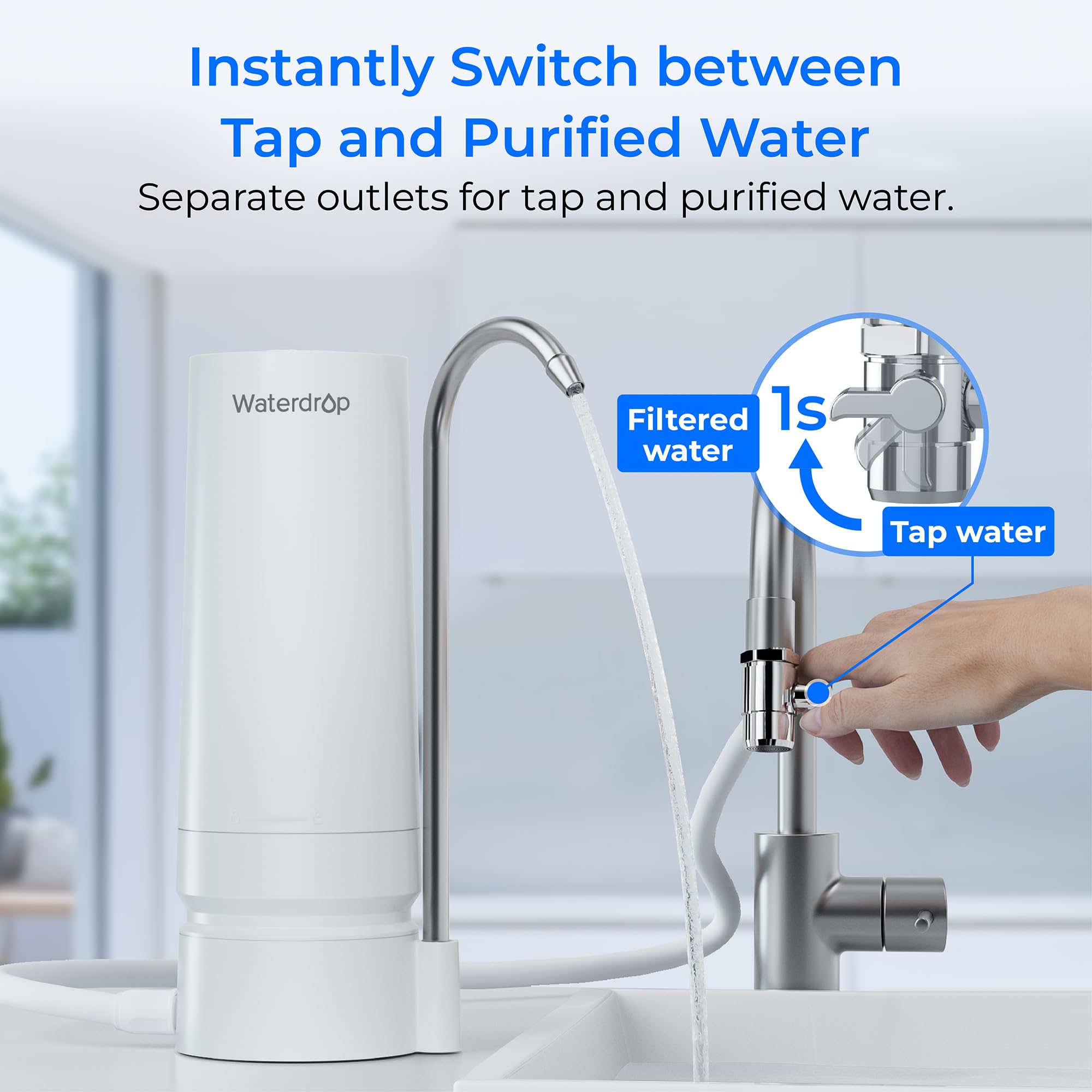 Waterdrop WD-CTF-05 Countertop Wasserfilter, 4000 Gallonen Wasserhahn Wasserfilter mit Filter Life Reminder, Reduziert Schwermetalle, Schlechten Geruch und 99% Chlor (1 Filter Enthalten)
