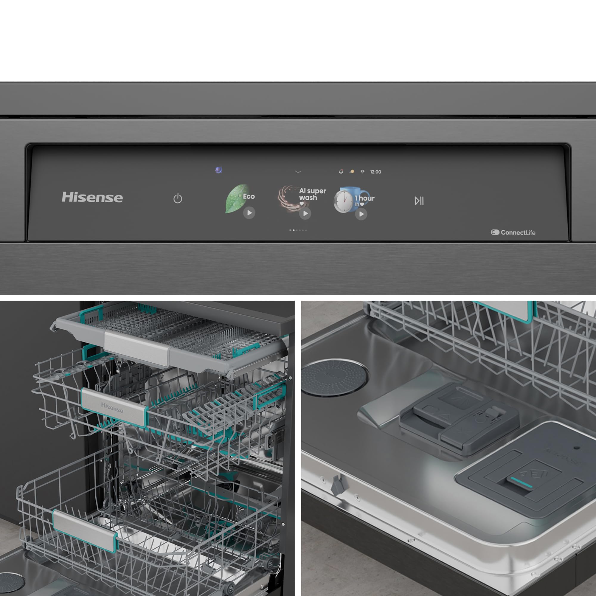 Hisense HS693A90ADBX - Lavavajillas Clase A, 16 Servicios, Fondo 60cm, Pantalla TFT Vision Plus 6.86", Super Wash IA, Programa ECO IA, Secado All Dry, Media Carga Auto, Tercera Bandeja, Inox