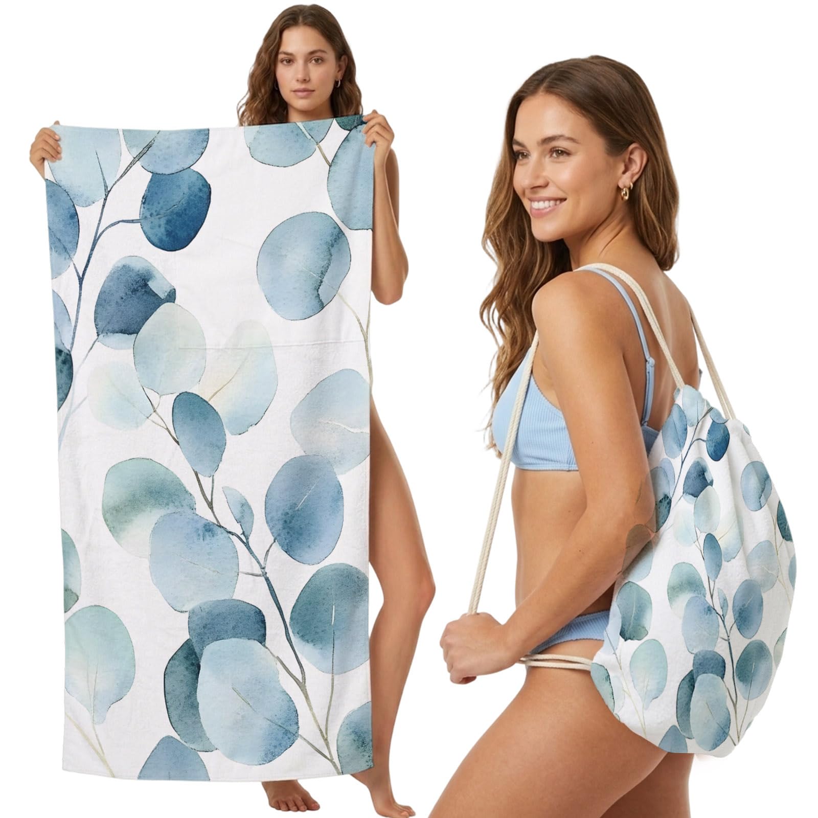 FWJZDSP Beach Towel Backpack Convertible Blue Eucalyptus Leaves Sand Free Quick Dry Towel Bag Watercolor Beach Towel with Adjustable Straps for Travel Swimming Pool Beach Accessories 31.5x63in