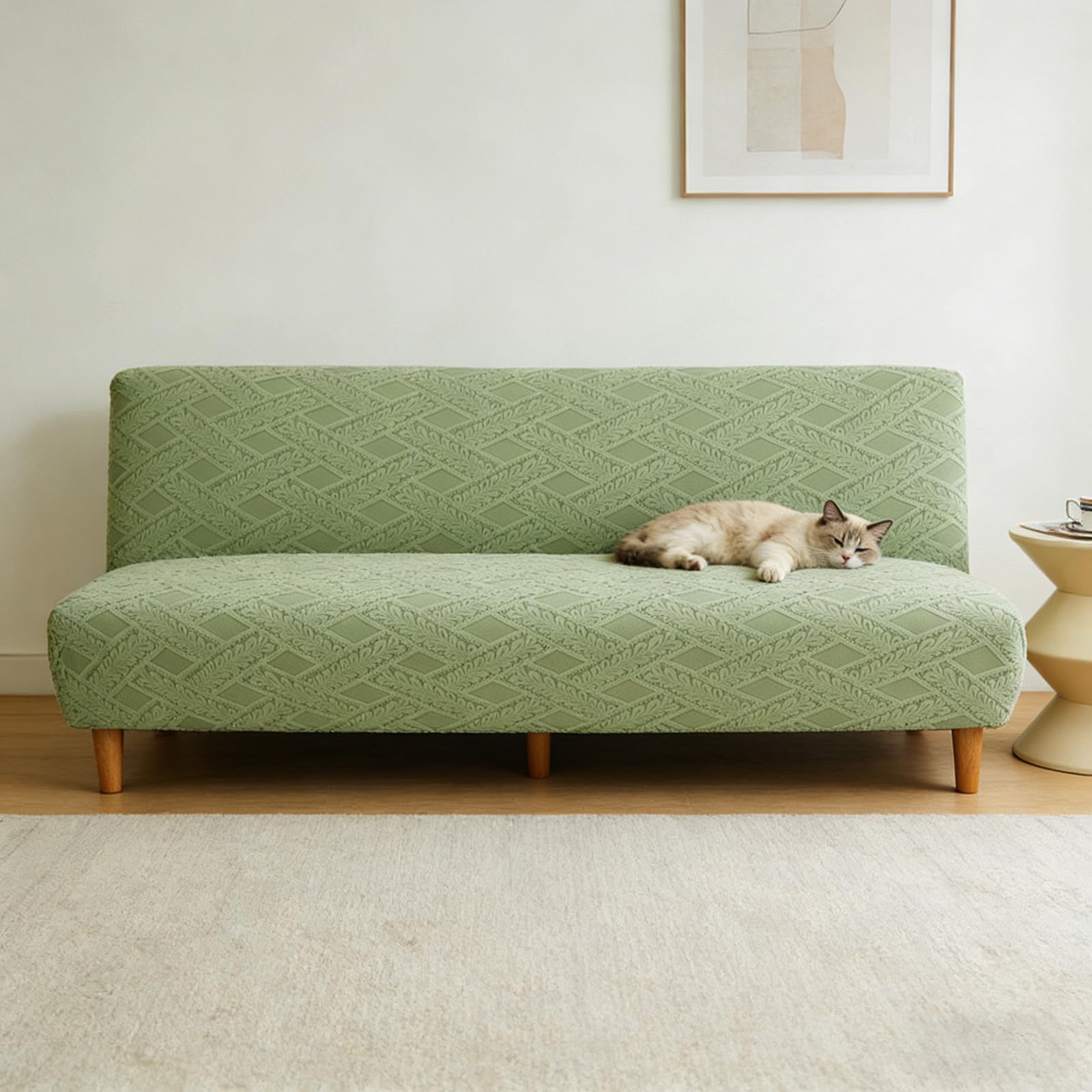 YUJOQUP Armless Sofa Bed Cover Jacquard Stretch Armless Couch Covers, Full Coverage Non-Slip Futon Slipcover, Washable Sofa Slipcovers(Size:M (160-190cm),Color:T-Matcha Green)
