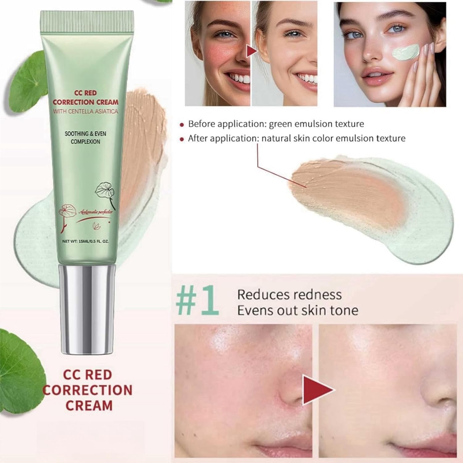 CC Correcteur Rouge à la Centella Asiatica, Anti-cernes Pores Invisibles, Crème CC Légère avec SPF 25, Anti-imperfections, Rougeurs et Marques d'Acné
