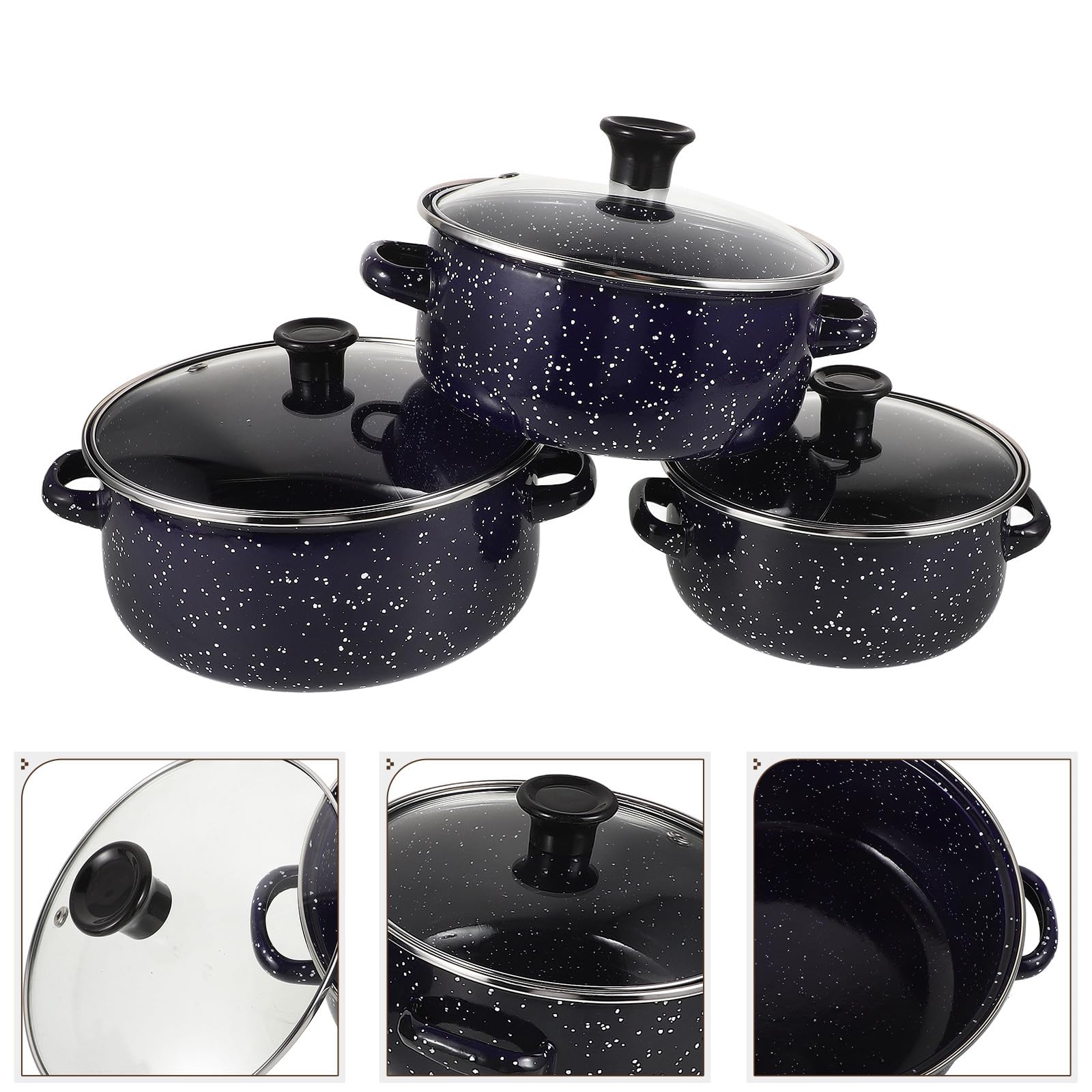Emaille Kleiner Suppentopf 3 Stück mit Doppelgriffen und Flachem Boden Vielseitiges Topfset zum Kochen von Instant Nudeln und Salaten in Blau