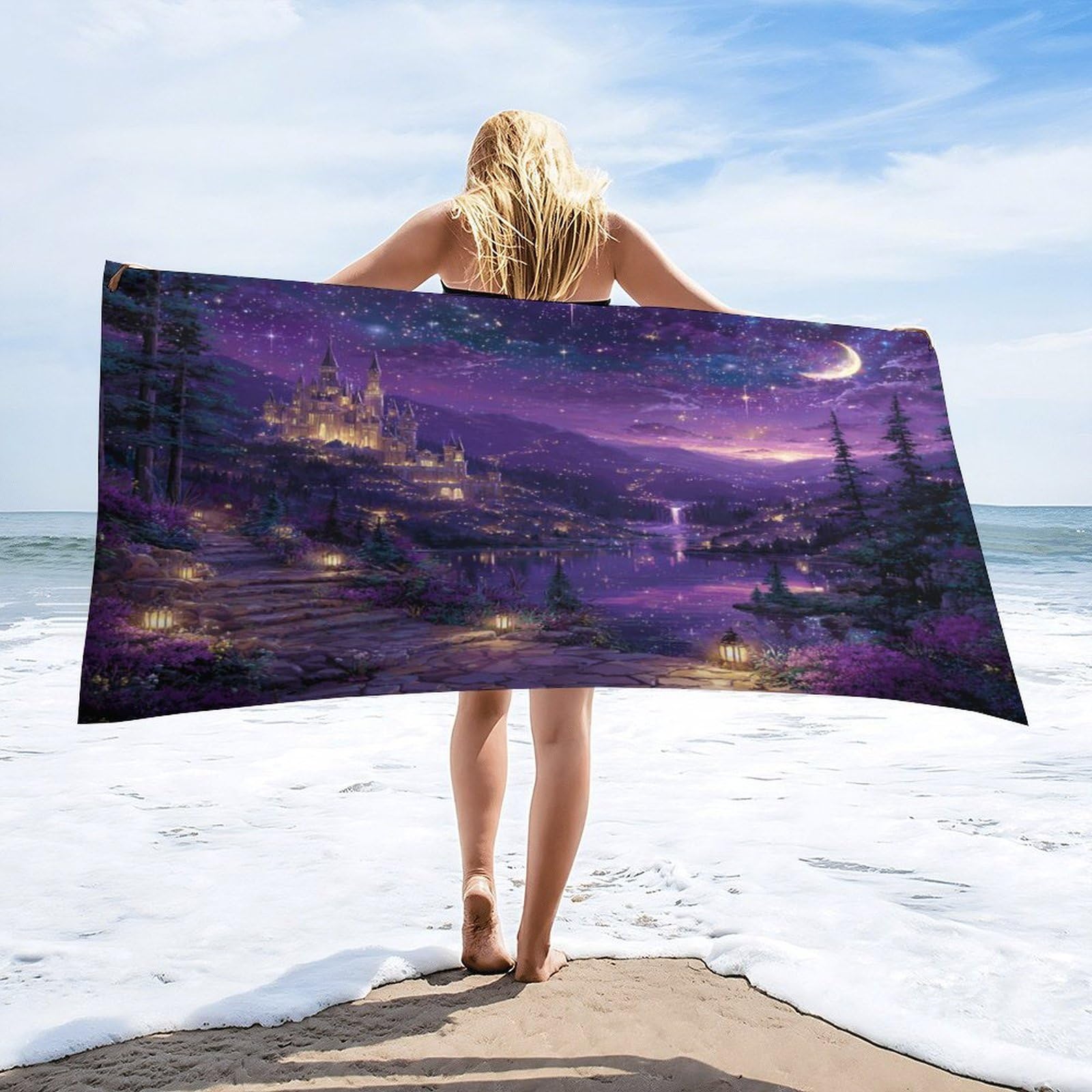 Luyysky Colorful Vintage Fantasy Castle Absorbent Beach Towel, Classic Romantic Moon Starry Sky Galaxy Lake Plant Floral Outdoor Single-Sided Velvet Beach Towel-80 W Cm X 160" L Cm