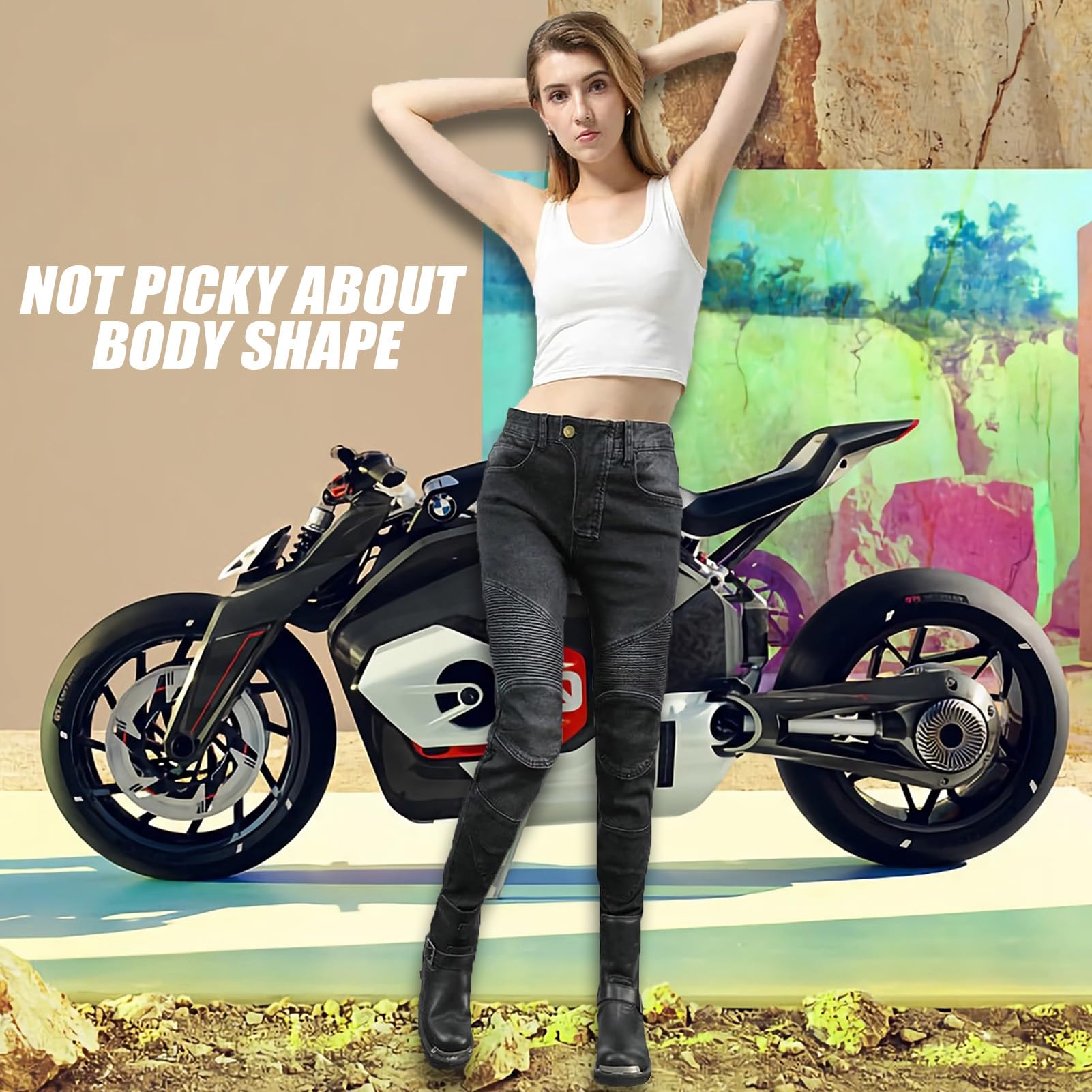 Jeans da donna, slim fit, da moto, con protezioni per ginocchia e fianchi, elasticizzati, slim fit, in denim, da motociclista