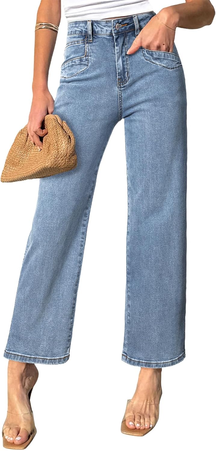 Sidefeel Women's Wide Leg Jeans High Waisted Stretchy Jeans Straight Leg Zimbaplatinum Ankle Denim Pants with Slant Pockets