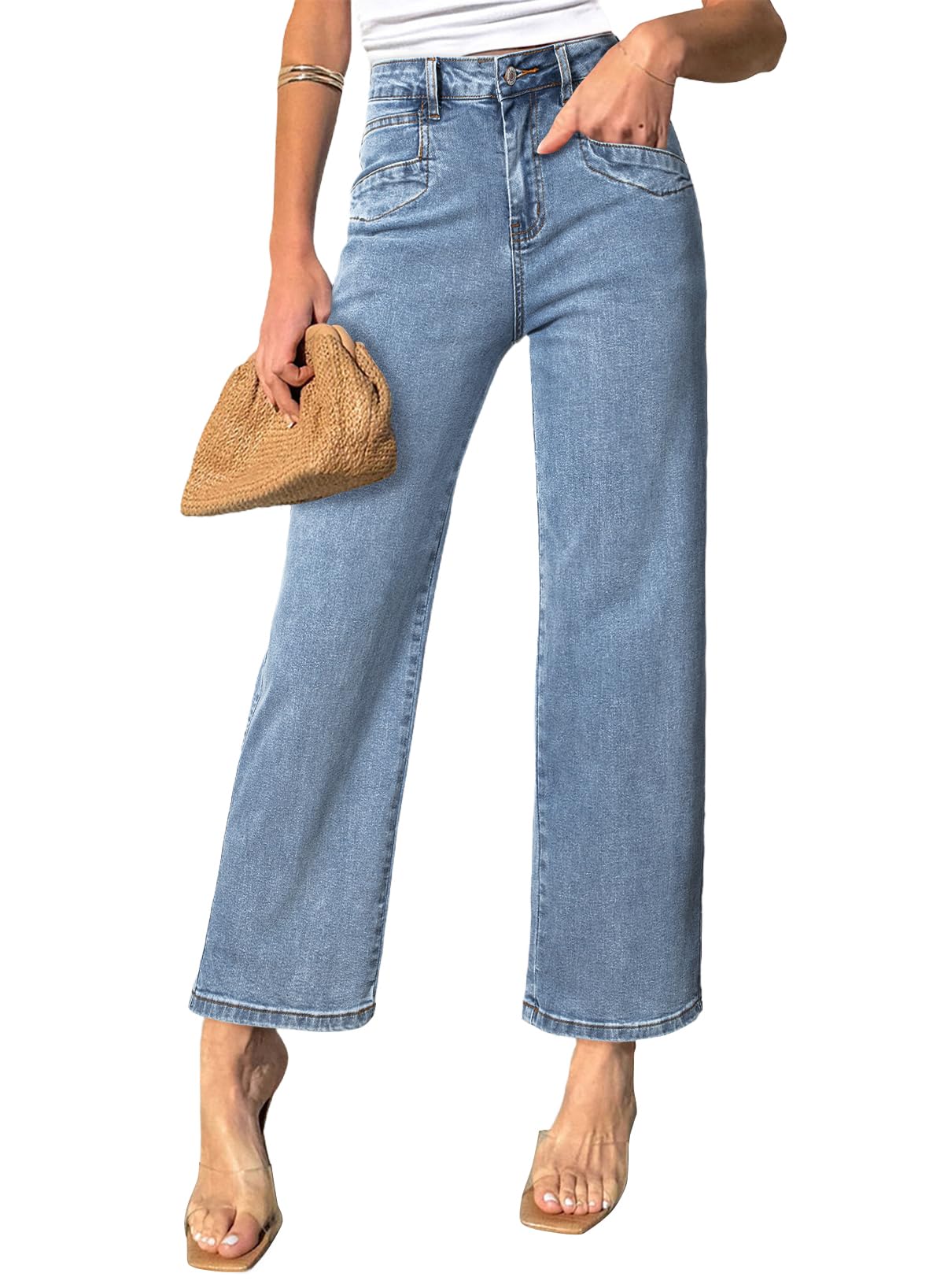Sidefeel Women's Wide Leg Jeans High Waisted Stretchy Jeans Straight Leg Zimbaplatinum Ankle Denim Pants with Slant Pockets