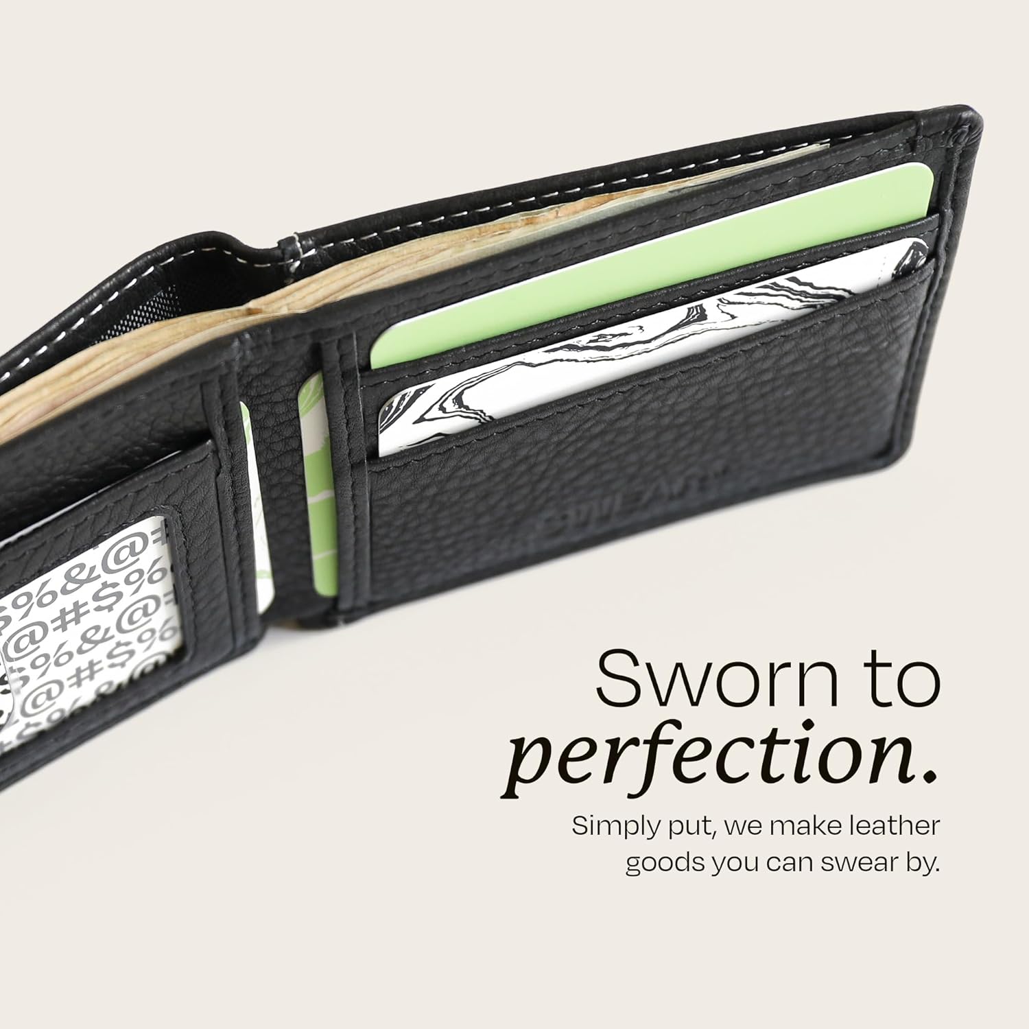 Swear Brands Full-Grain Leather Wallet | Slim RFID Blocking Bifold Design with Cash Pocket & Card Pull Strap | Holds 1-12 Cards | Stylish & Durable (Black) - Image 6