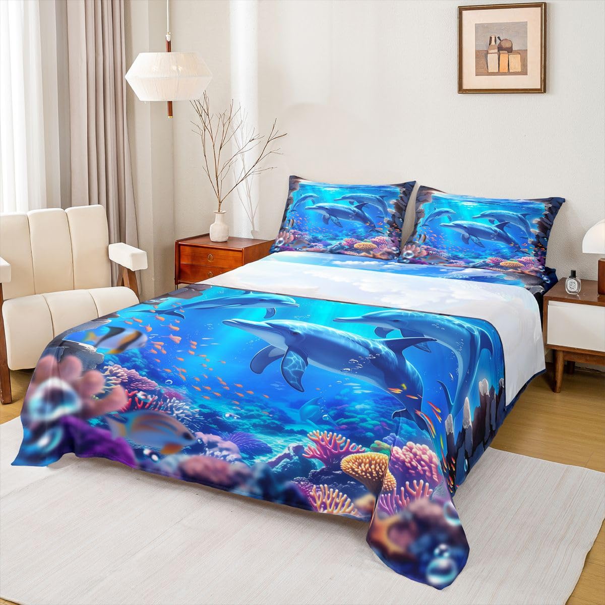 Homewish Ocean Waves zestaw pościeli podwójny ocean delfiny rafa koralowa prześcieradła niebieskie morze niebo białe chmury zestaw prześcieradeł - urocza kreskówka życie morskie dopasowane