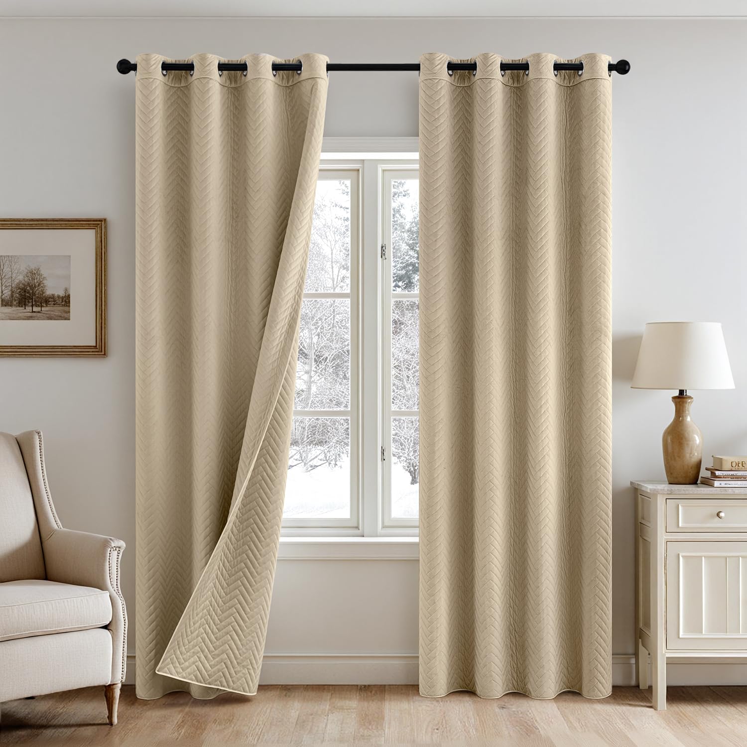 MIULEE Tende Oscuranti Termiche in Velluto Doppia Faccia 280GSM - Tenda Isolante a Occhielli per Interni, Freddo e Caldo, 1 Pezzo, L 132 x A 200 cm, Beige