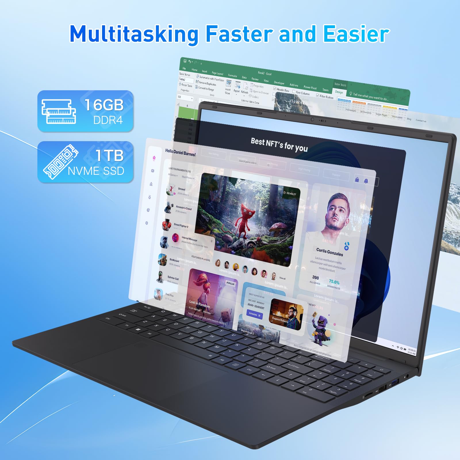 16 Inch Laptop 16GB RAM 1TB NVMe SSD Quad-Core Processor Up to 3.7GHz 1200P IPS Display USB-C Full Function Fingerprint Login Backlit Keyboard WiFi 6 Lightweight Black Laptop — view 7