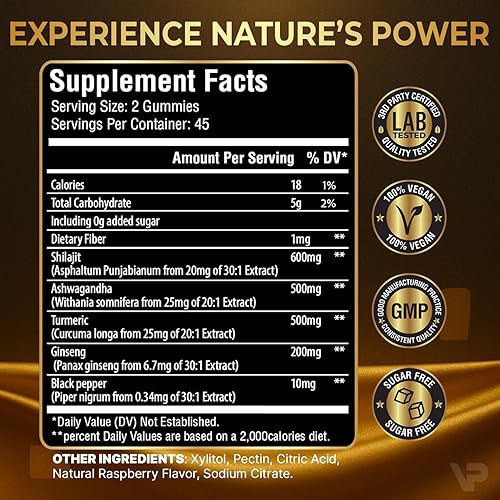 Miniatura 6 de Gomitas Shilajit orgánicas 4 en 1 del Himalaya  con Ashwagandha, cúrcuma y ginseng  Adaptógeno para energía, inmunidad y apoyo de vitalidad