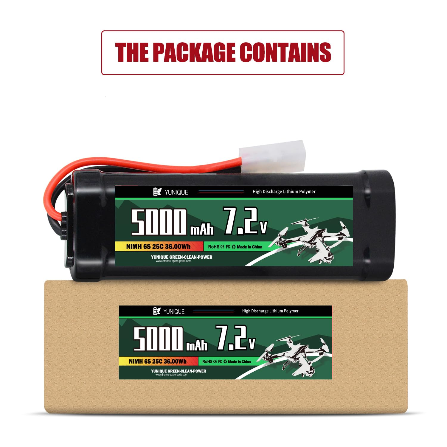 YUNIQUE GREEN-CLEAN-POWER Akumulator NiMH 7,2V 5000mAh z mocowaniem Tamiya i kablem silikonowym - 6 ogniw - Rozmiar 135 x 47 x 24 mm - Duża pojemność dla modeli RC