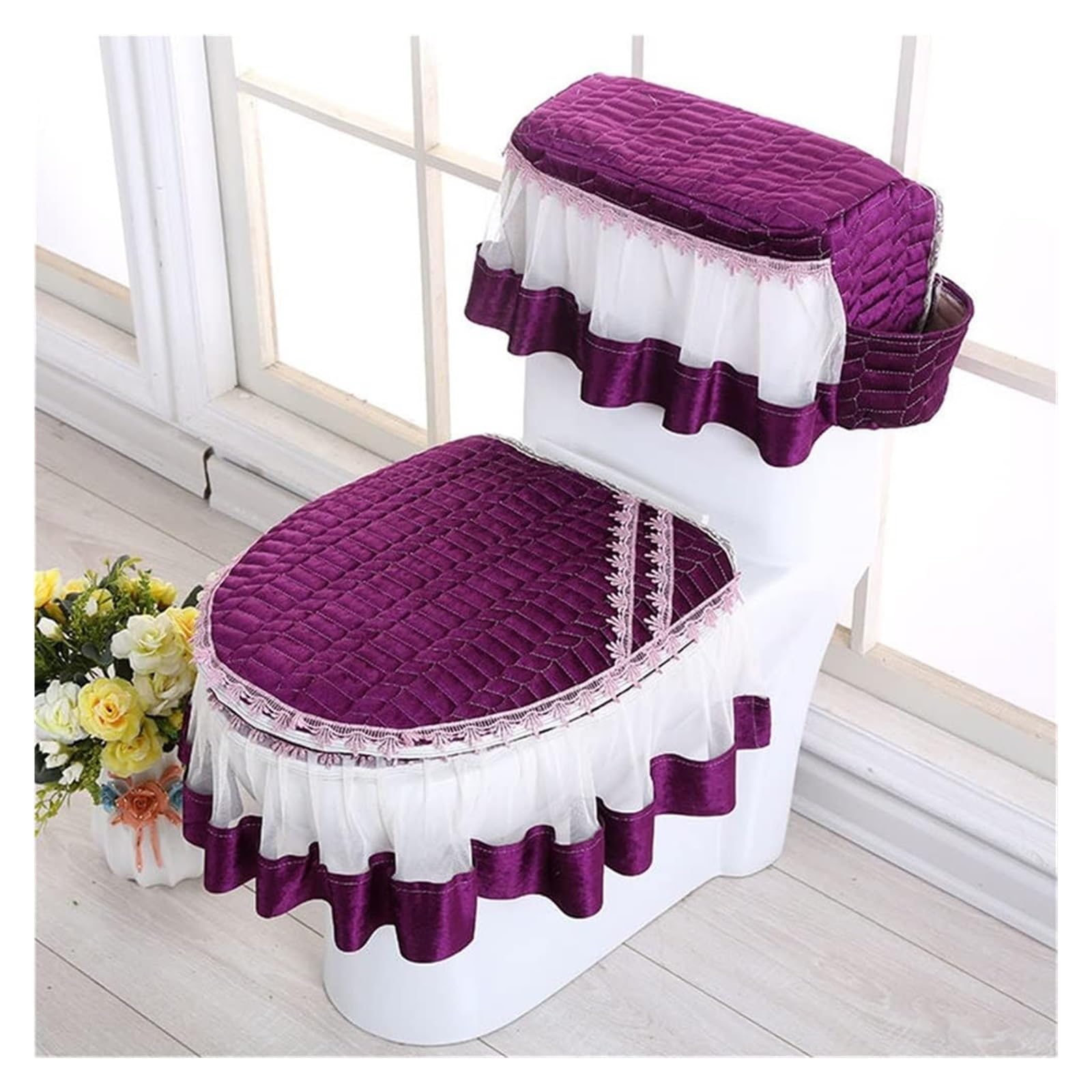Kfgisd Purple Cushionhome Decor Set Cover With Pocket Fabric Lace Bathroom Mat Winter Warm Cover Bathroom Decoration ，Toilet Seat Covers(Purple)
