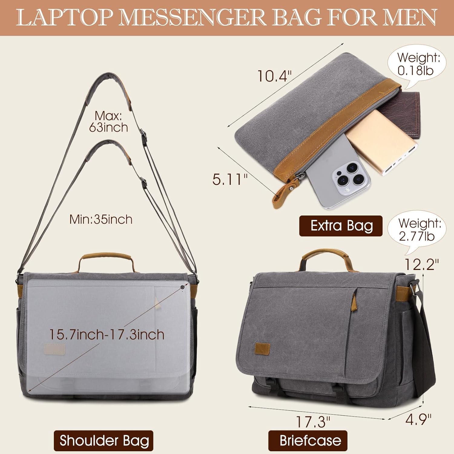 17.3 Inch Messenger Bag for Men: 2PCS Laptop Bag PU Leather Canvas Work Briefcase Large Office - Image 3