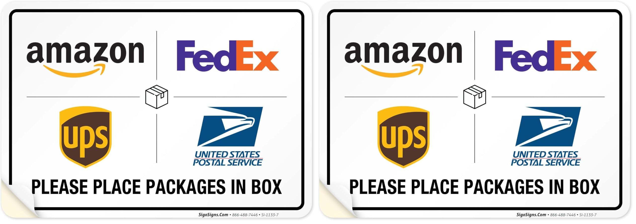 Sigo Signs Package Delivery Sign, Please Leave Packages Here Sign, FedEx, Amazon, UPS, USPS, 10x7 Inches, 4 Mil Vinyl Decal Stickers Weather Resistant, Made in USA (Pack of 2)