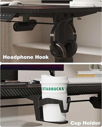 Miniatura 7 de Escritorio eléctrico de pie, mesa de oficina en casa ajustable de 55 pulgadas con gancho para auriculares y soporte para tazas, patas negrasparte