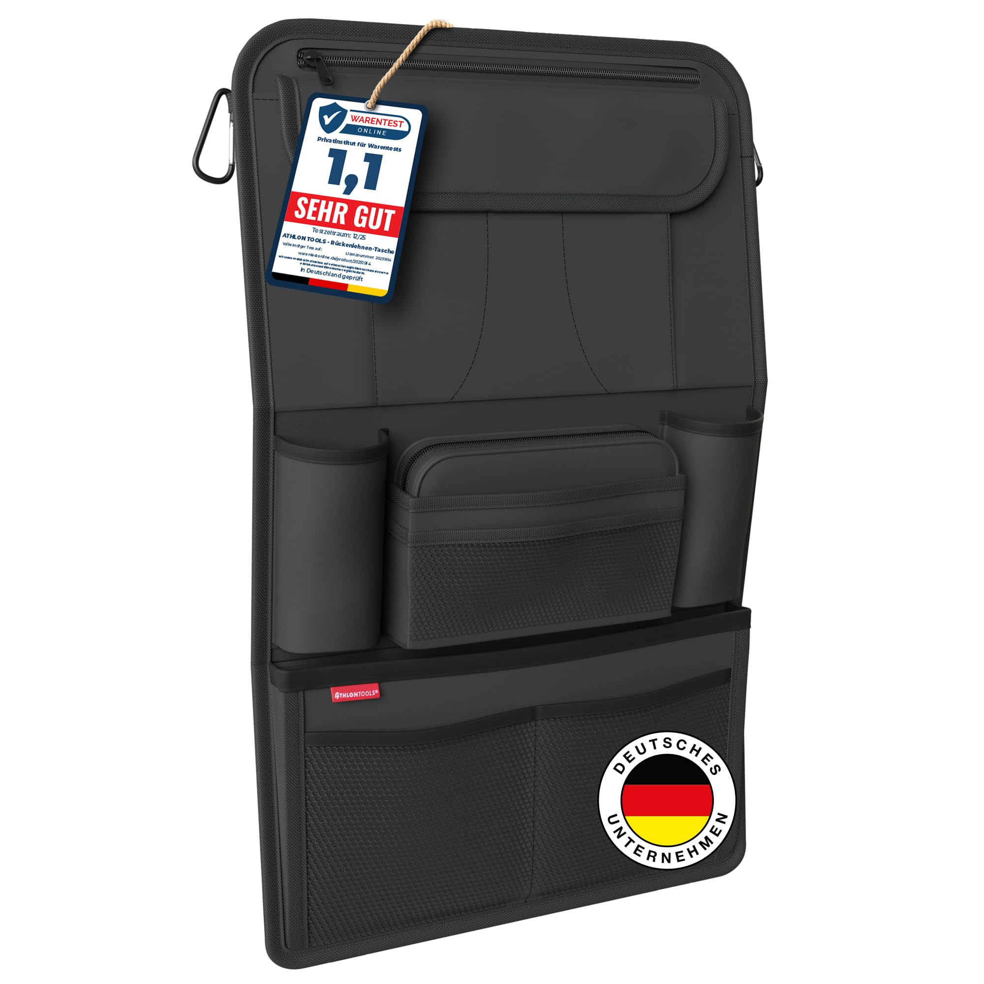 ATHLON TOOLS Der stabilste Autositz-Organizer - mit verstärkter Rückwand - Lebensmittelecht - mit integriertem Tablet-Halter - mit Extra Federtasche - für Business und Kinder - Designed in Hamburg