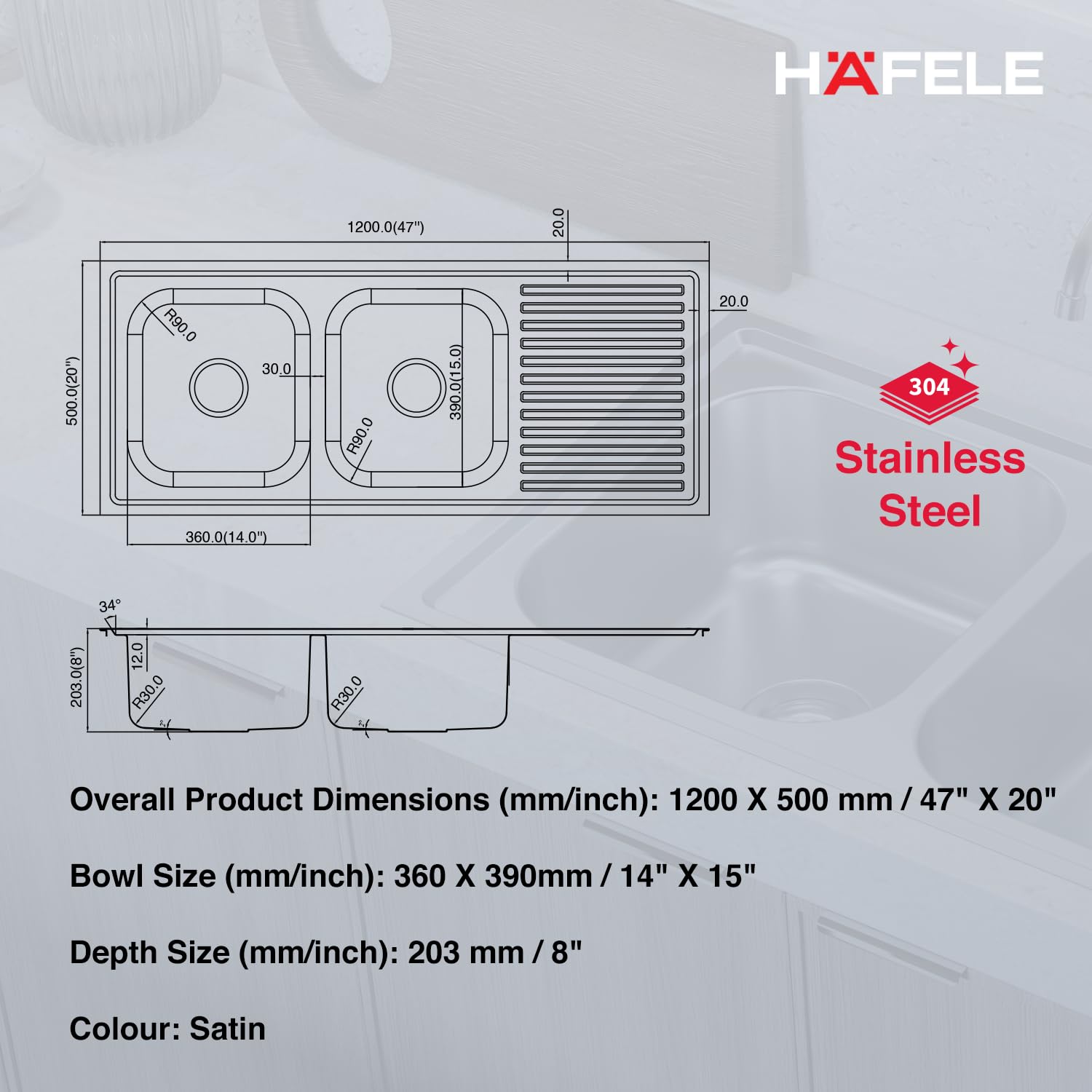 Hafele Orion Stainless Steel Double Bowl Sink -5