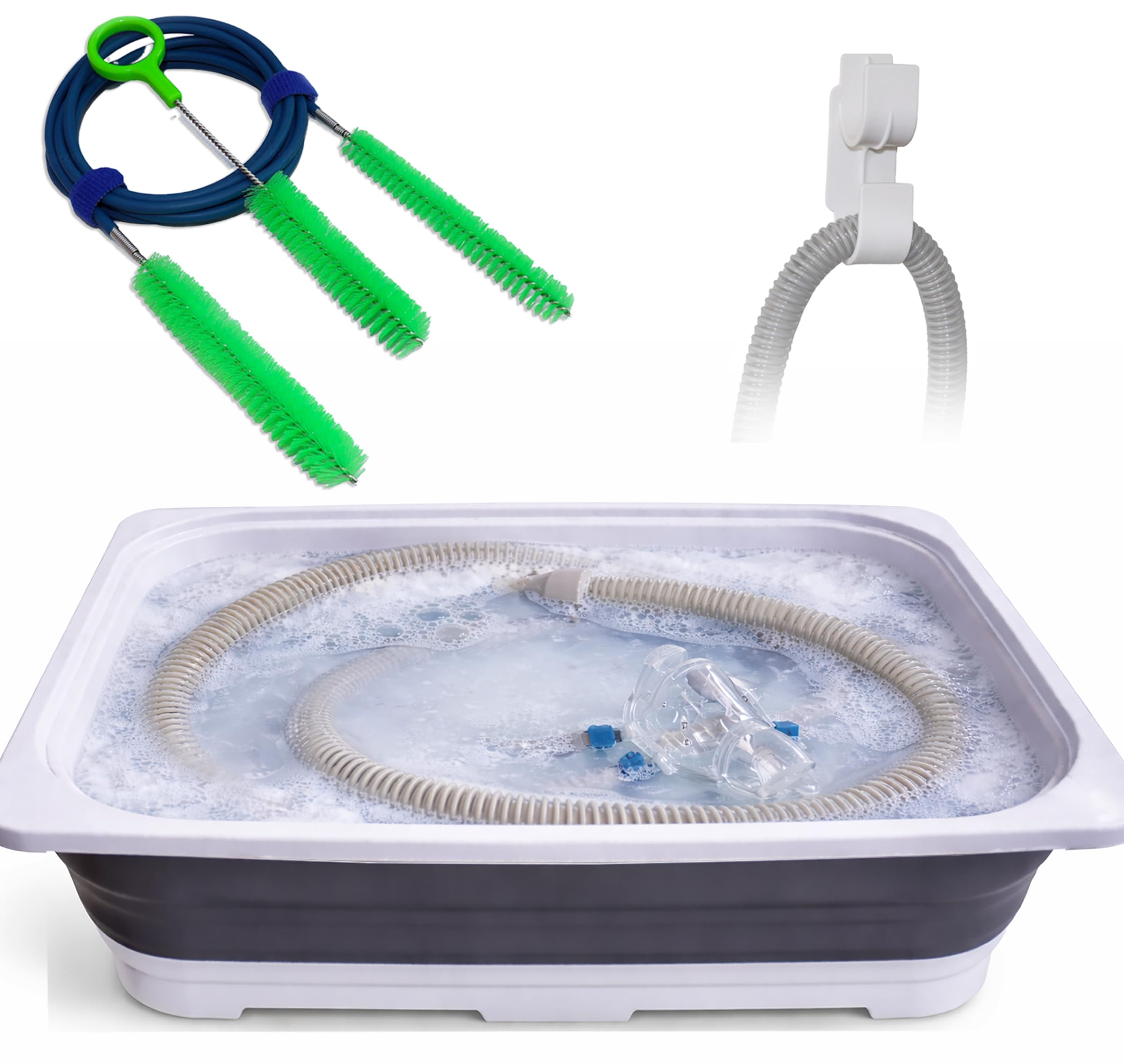 AVEEN CPAP & BiPAP Reinigungsset, CPAP Schlauchreinigungsbürste mit faltbarer Waschschüssel und Schlauch-Trocknungshaken, Zubehör für CPAP Schläuche und Masken