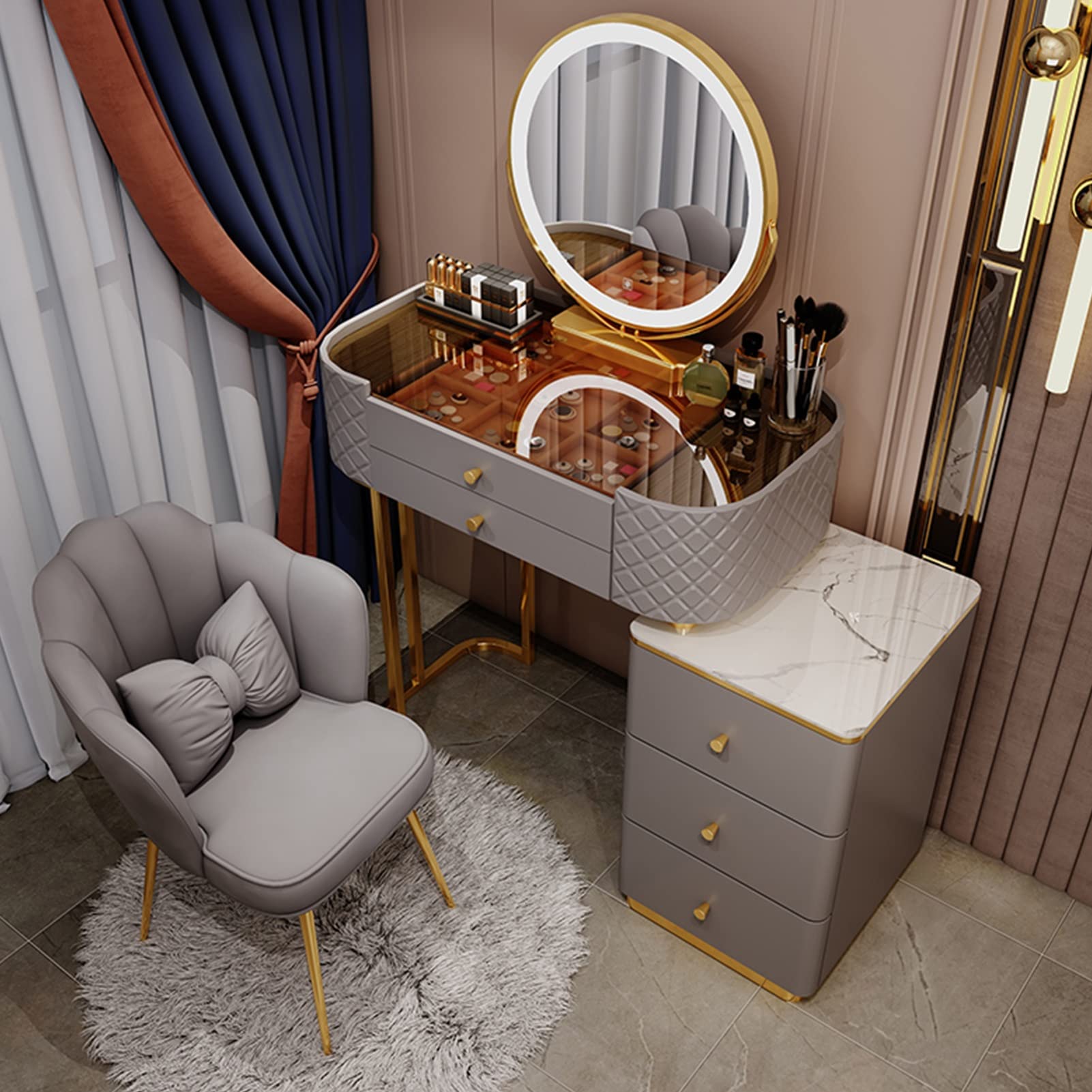 asdchZen Modern Makeup Vanity Set With Adjustable 3-Color Lighting, Cushioned Stool & Storage Drawers, Stylish Dressing Table For Bedroom-White, 80Cm/31.4In,Gray a-80cm/31.4in