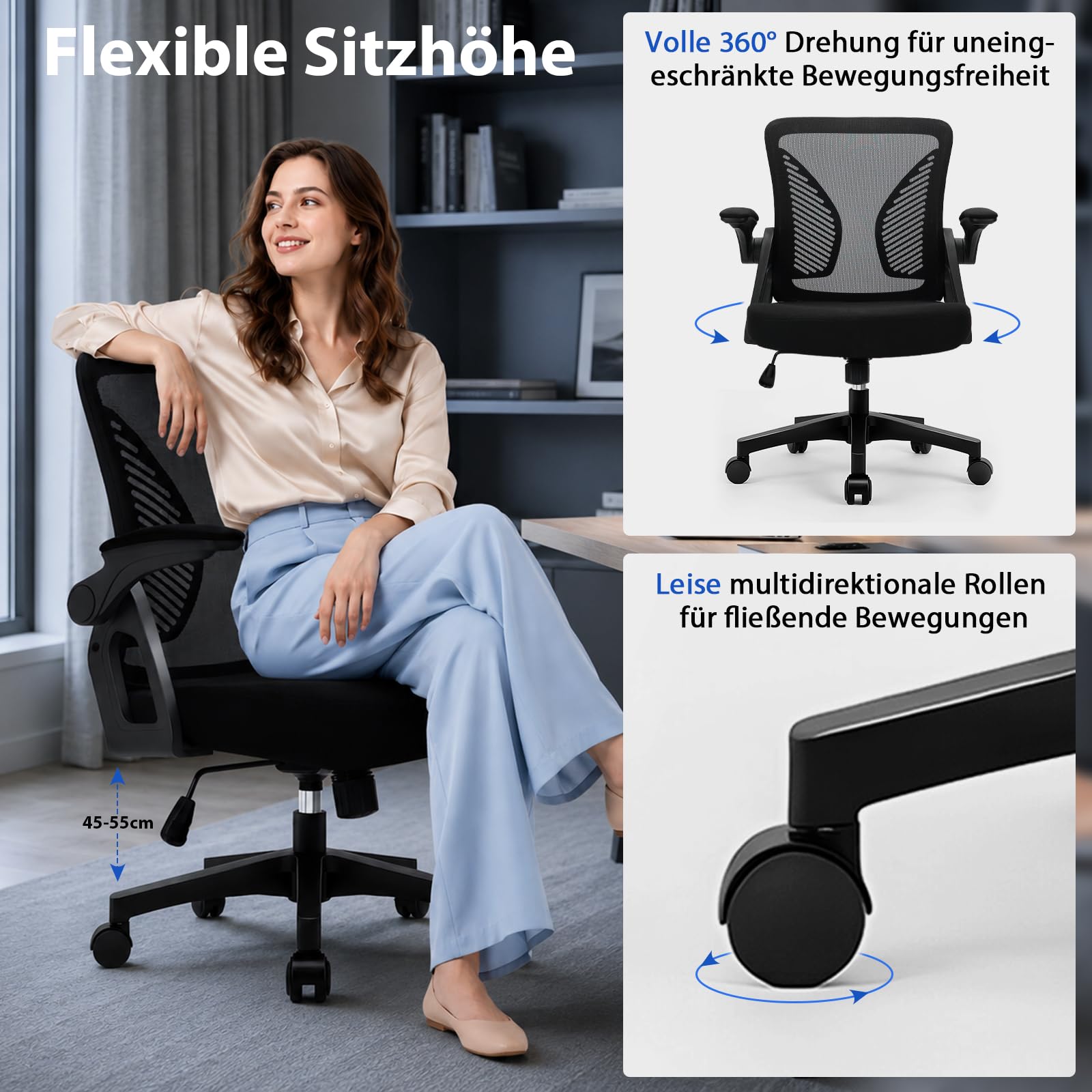 Ergonomischer Bürostuhl mit Mesh Rückenlehne, klappbaren Armlehnen und Wippfunktion, Schreibtischstuhl mit atmungsaktivem Netzgewebe, Drehstuhl für Homeoffice und Büro, Schwarz
