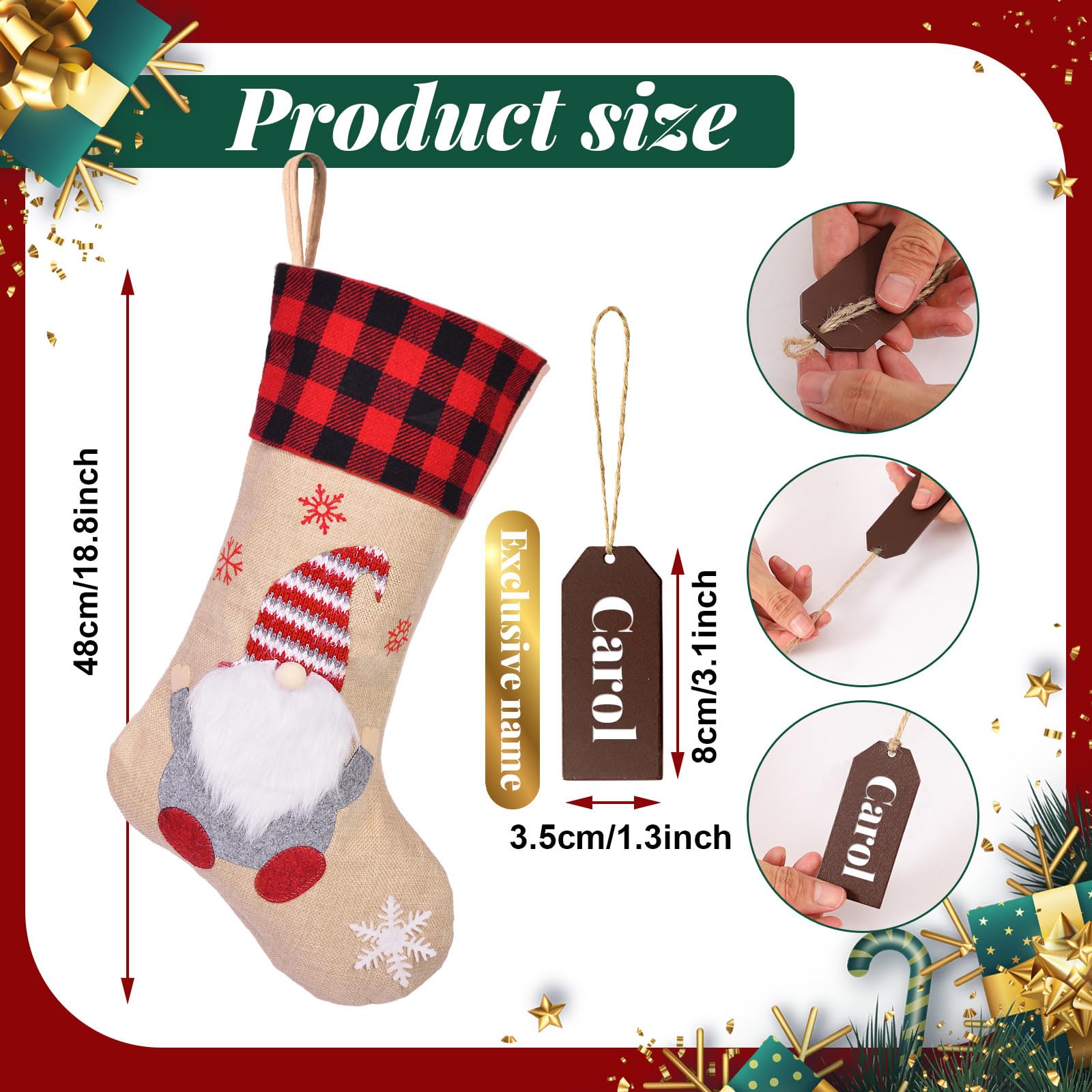 Cysincos Calze di Natale Personalizzate, Confezione da 4 Calze Grandi per Bambini, da Appendere, per Decorazioni Natalizie (Babbo Natale con Barba, con targhette per Nome)