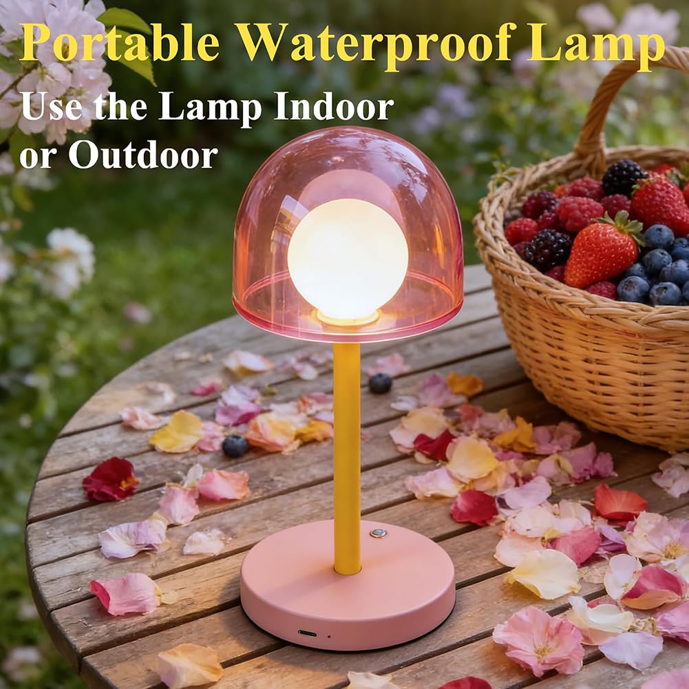 Lampada da Tavolo LED a Forma di Fungo Senza Fili Ricaricabile tramite USB Luce da Tavolo Rosa Batteria Ricaricabile Regolabile Lampada a Fungo a Batteria 3000K-6000K Metallo + Acrilico