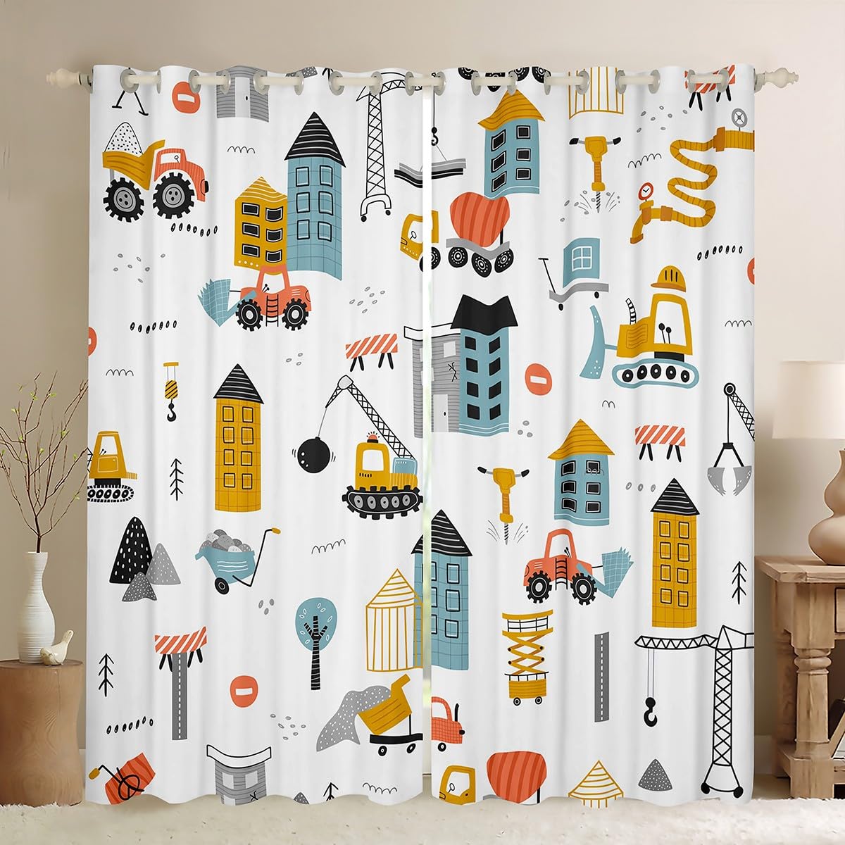 Homemissing Boys Multicolored 13224 Construction Vehicles Darkening Dreapes Excavator Curtains For Bedroom Living Room Kids Decor Equipment Trucks Blackout Curtains Construction Site Cars Window Treatments W66*L72
