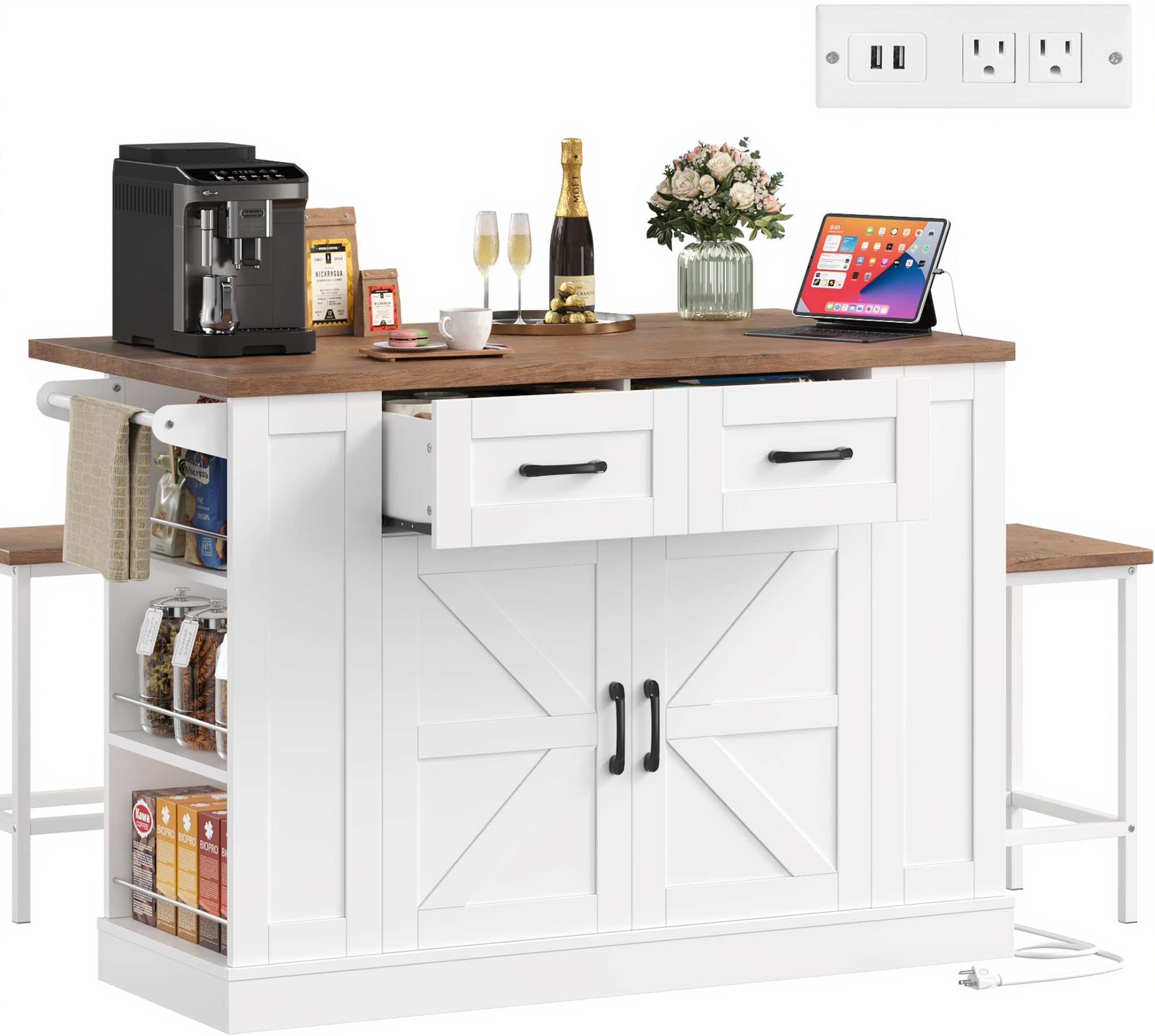 Kitchen Storage Island with 2 Stools, 51.2” Mobile Kitchen Cart with Drop Leaf & Power Outlet, Rolling Island Table Dining Room Buffet with 2 Drawers & Side Storage Rack &Towel Rack, White