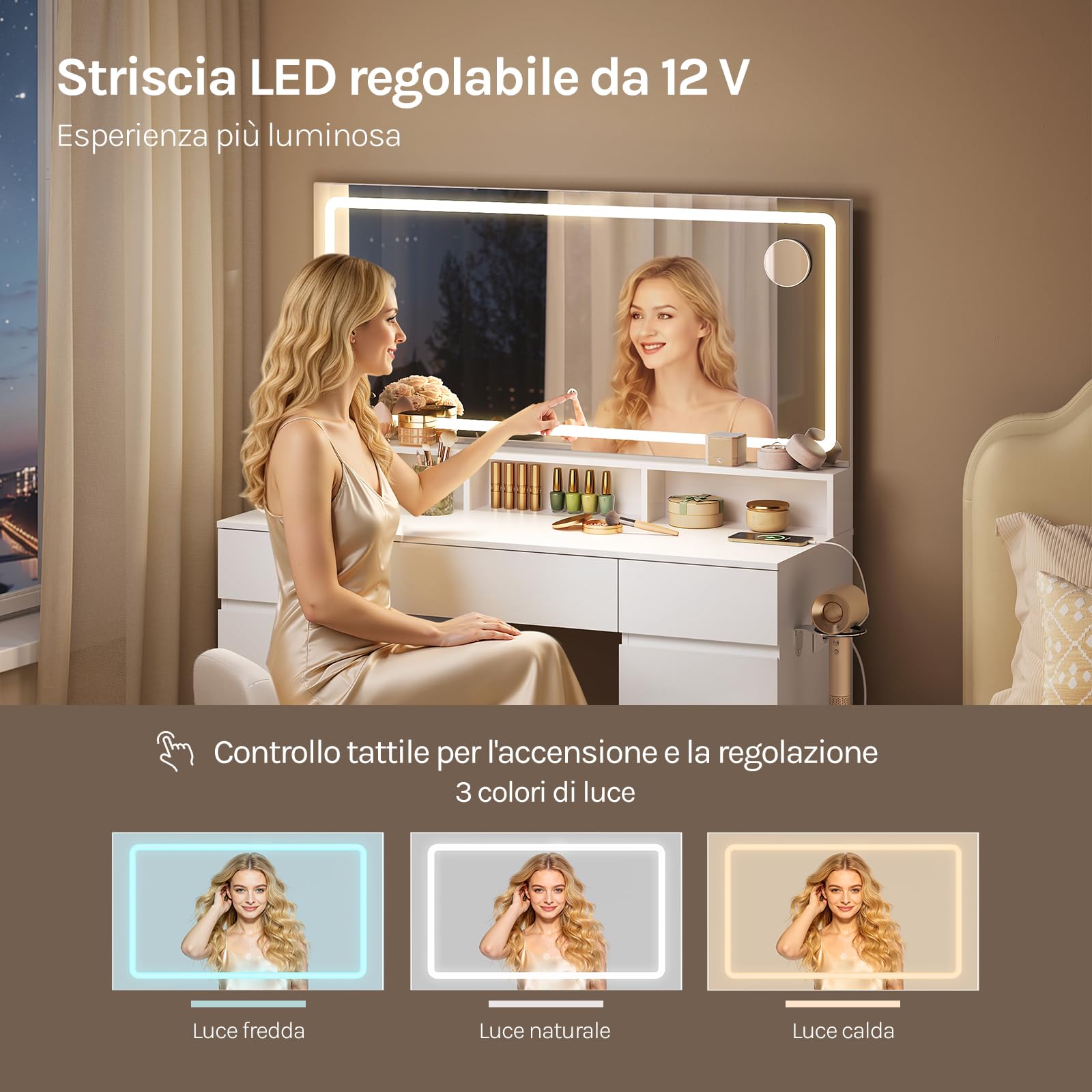 WOLTU Toletta da Trucco con Specchio e Luci, Postazione Trucco con Ingranditore 5x, Stazione di Ricarica, 9 Cassetti, 3 Scomparti Aperti e Supporto per Asciugacapelli, per Camera da Letto, Bianco