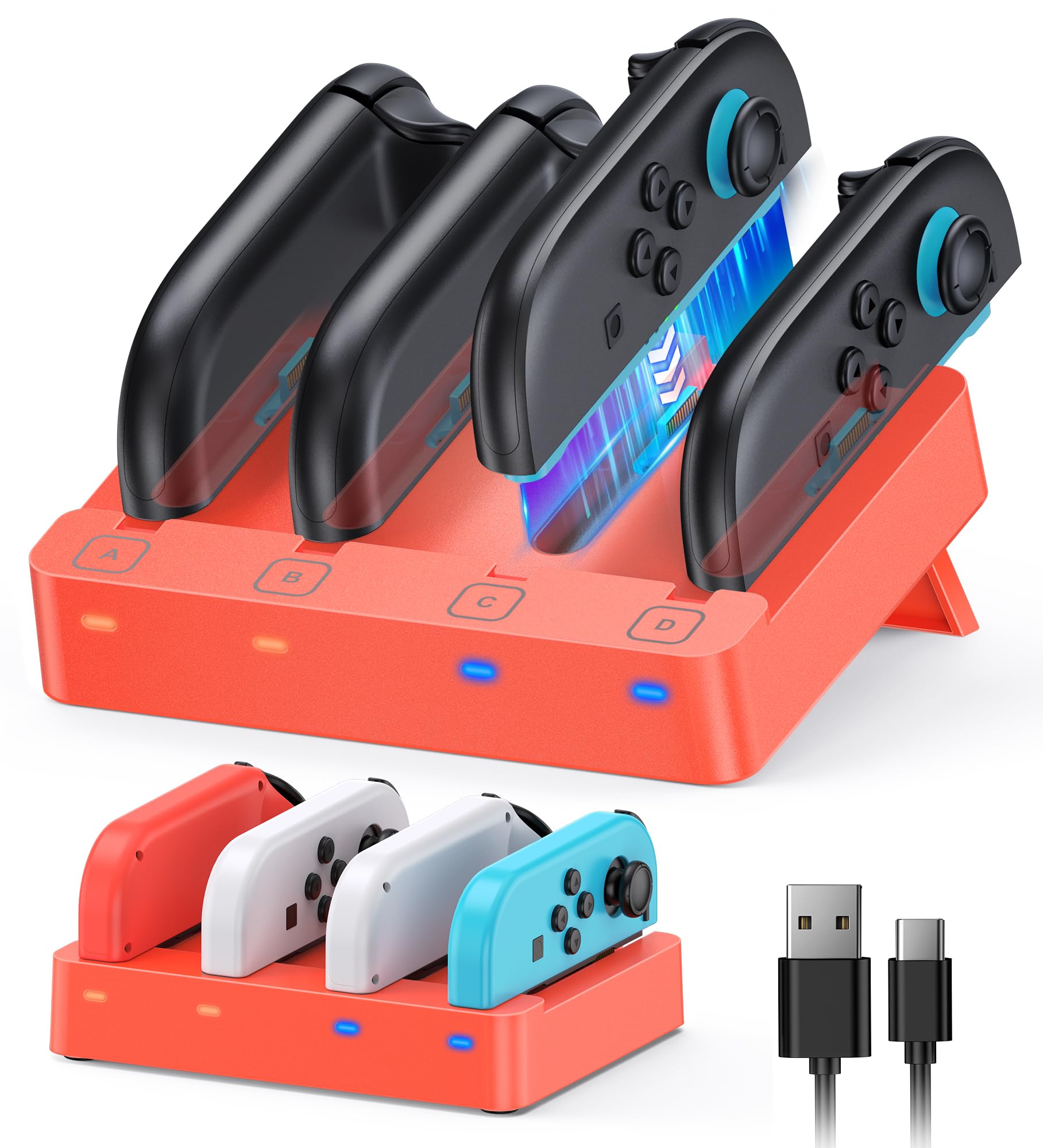 [Adatto per Switch 2&1] 4 in 1 Controller Stazione di ricarica per Nintendo Switch 2/Switch1/OLED, WAXITY Caricatore orizzontale magnetico veloce per Joy Con 2&1 con cavo di ricarica USB (arancione)
