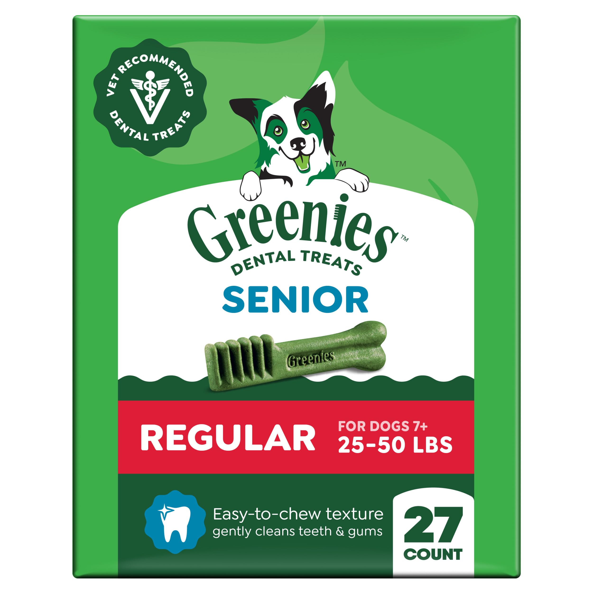 Greenies Dental Treats for Dogs, Veterinarian-Recommended Aging Care Adult Natural Dental Dog Treats, Regular Size, 27 oz. Pack, 27 Count